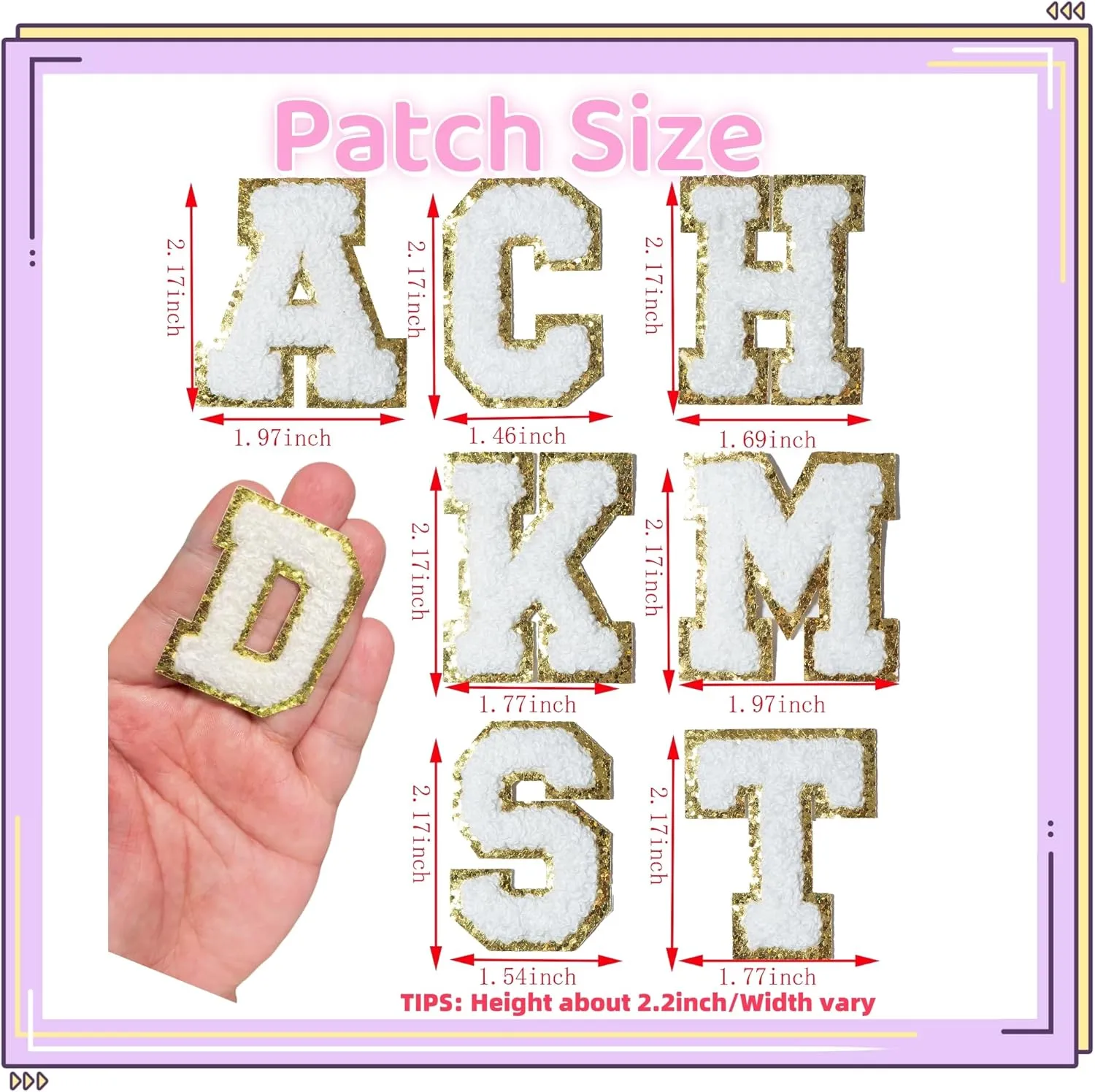 52PCS White Chenille Letter Patches with Gold Trim - Varsity Style Self Adhesive Appliques for Jackets, Hats, Denim, Backpacks, DIY Fabric Stickers