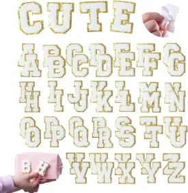 52PCS White Chenille Letter Patches with Gold Trim - Varsity Style Self Adhesive Appliques for Jackets, Hats, Denim, Backpacks, DIY Fabric Stickers