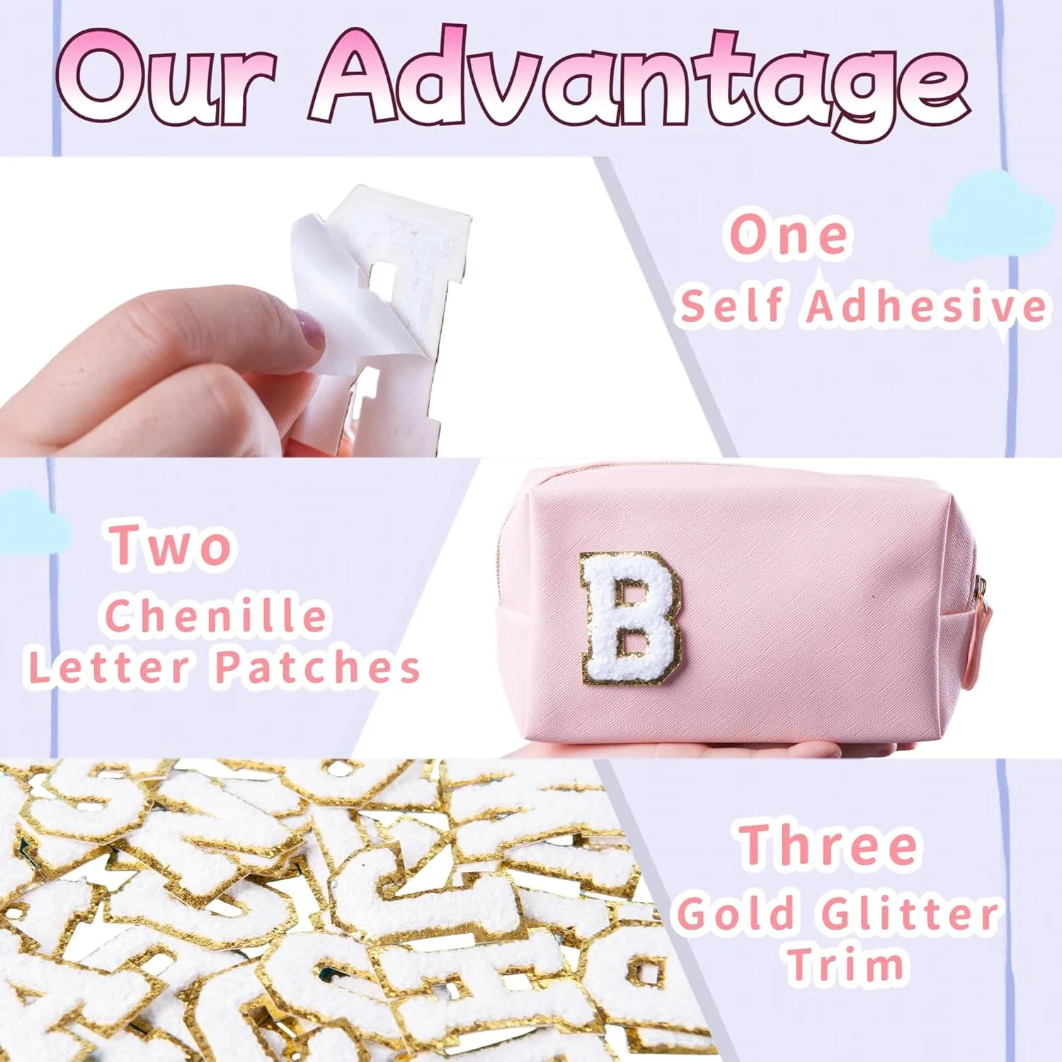 52PCS White Chenille Letter Patches with Gold Trim - Varsity Style Self Adhesive Appliques for Jackets, Hats, Denim, Backpacks, DIY Fabric Stickers