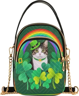 ALAZA Chain Crossbody Bags for Women Cat Rainbow Clover Leaf St. Patrick's Quilted Shoulder Crossbody Handbags Travel Cross Body Cell Phone Purses Bags