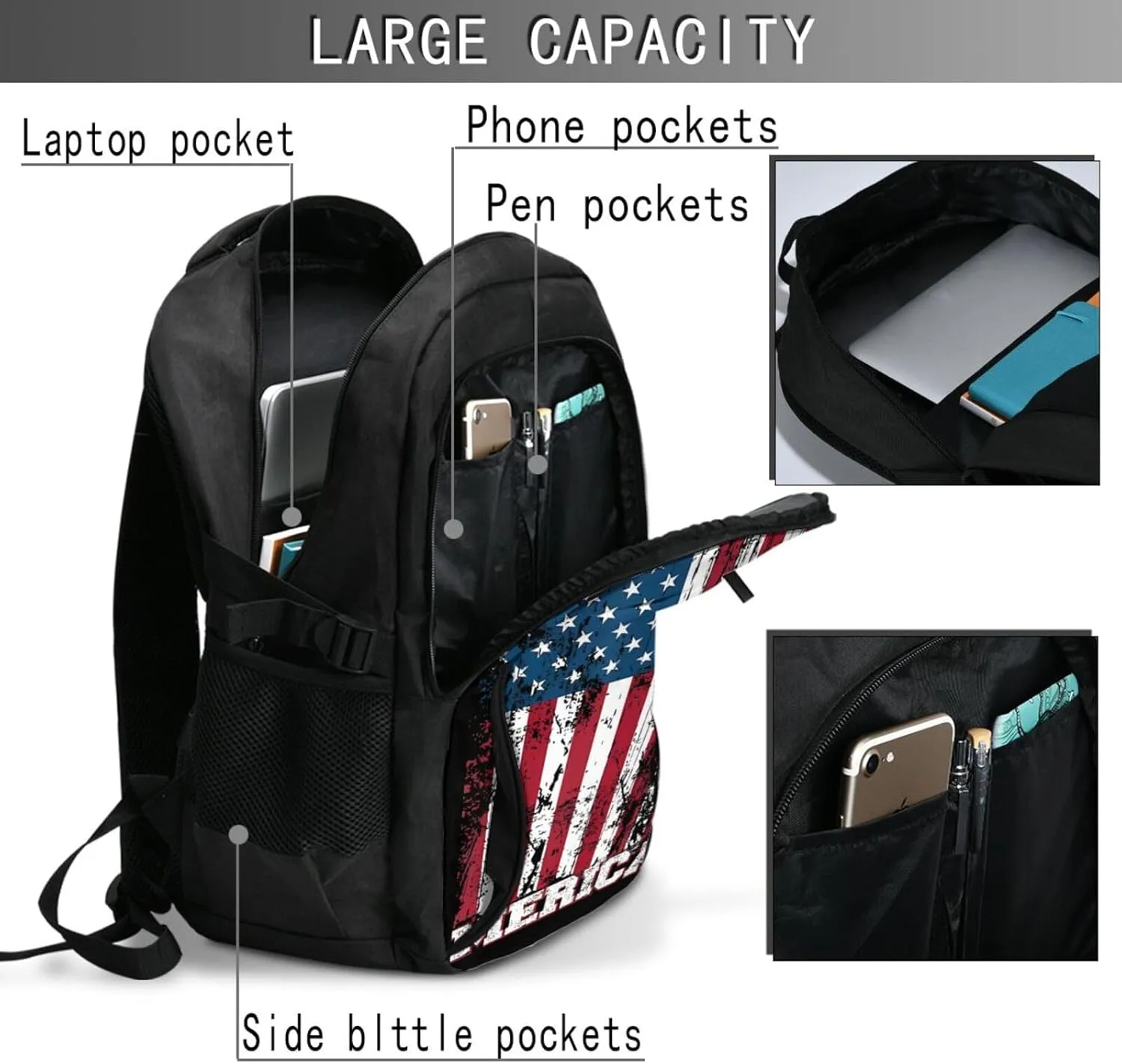 American Flag Patriotic Travel Backpack Laptop Backpacks Business Rucksack Outdoor Daypack Large Sport Bag with Luggage Strap USB Charging Port for Hiking Working