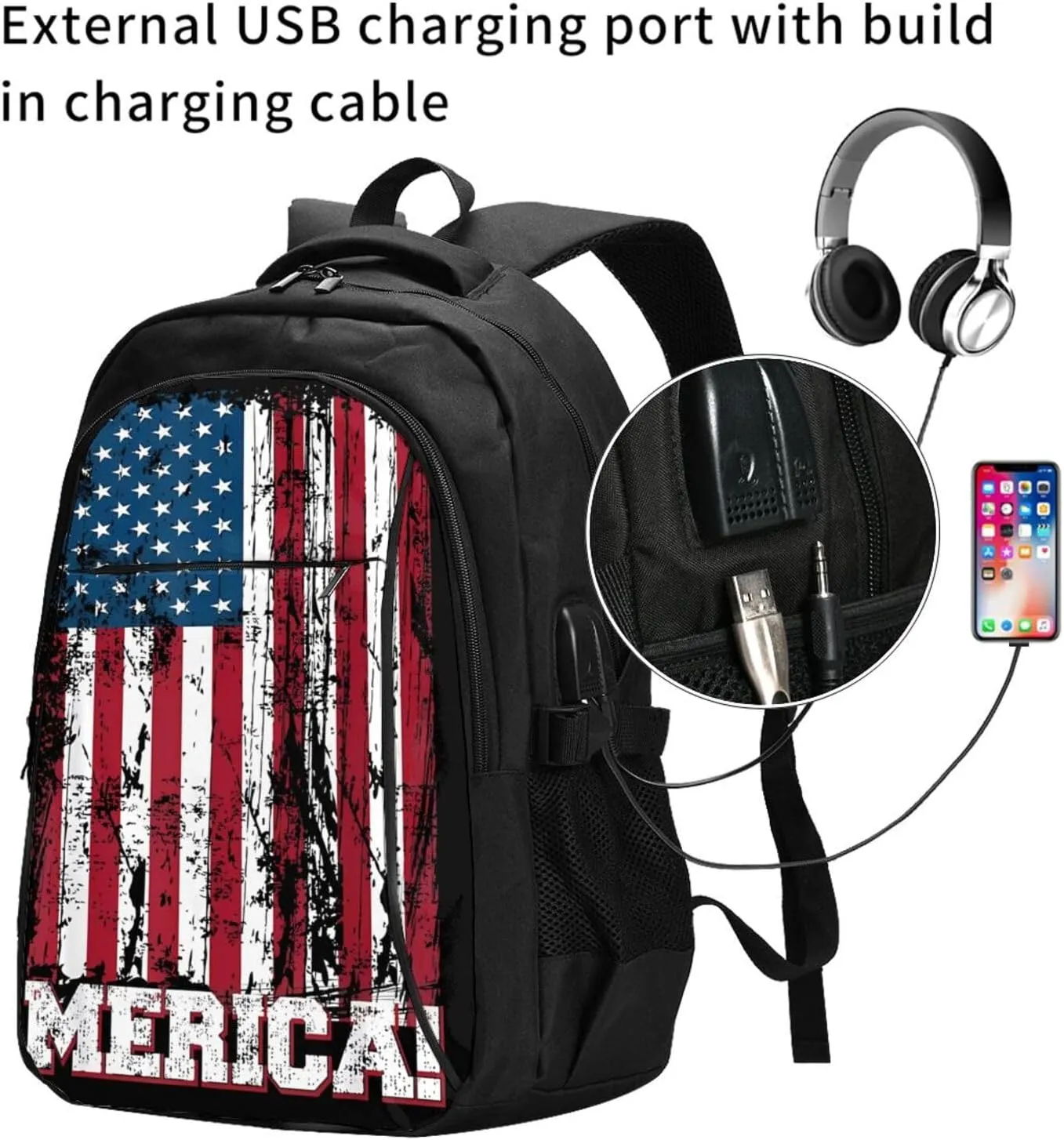 American Flag Patriotic Travel Backpack Laptop Backpacks Business Rucksack Outdoor Daypack Large Sport Bag with Luggage Strap USB Charging Port for Hiking Working