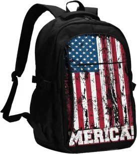 American Flag Patriotic Travel Backpack Laptop Backpacks Business Rucksack Outdoor Daypack Large Sport Bag with Luggage Strap USB Charging Port for Hiking Working