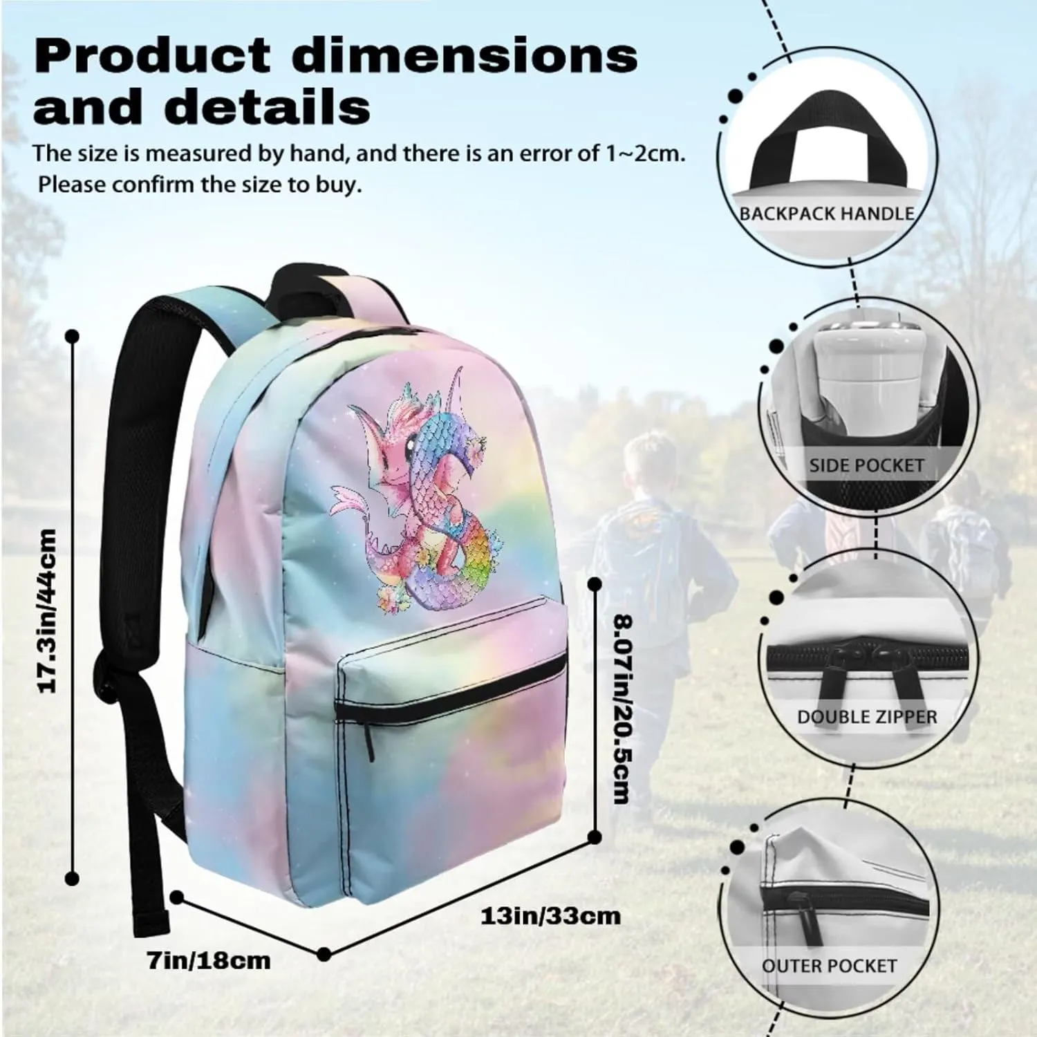 Axis Dragon and Capital S Print Schoolbag for Girls Backpack and Lunch Box Pencil Case Lightweight Bookbags 8-12 Kids Backpack Sets 3 Pcs Elementary School Bag