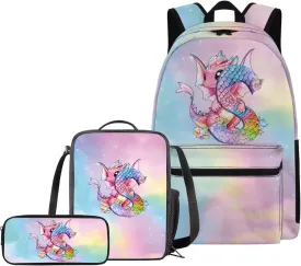 Axis Dragon and Capital S Print Schoolbag for Girls Backpack and Lunch Box Pencil Case Lightweight Bookbags 8-12 Kids Backpack Sets 3 Pcs Elementary School Bag