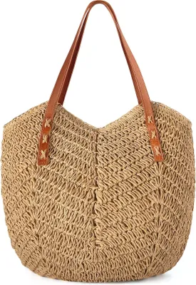 Beach Bags for Women - Straw Bag with Zipper, Soft Woven beach bag, Casual Straw Shoulder Bag for Daily Use