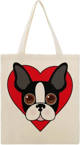 Boston Terrier Face Canvas Tote Bag with Handles Reusable Grocery Shopping Printed Beach Handbag for Daily Travel Work