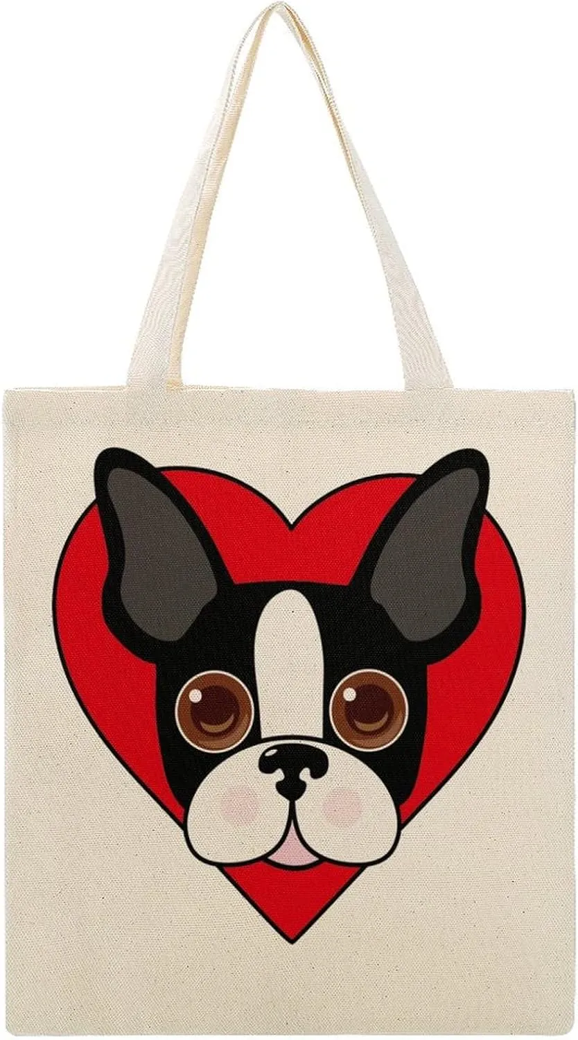 Boston Terrier Face Canvas Tote Bag with Handles Reusable Grocery Shopping Printed Beach Handbag for Daily Travel Work