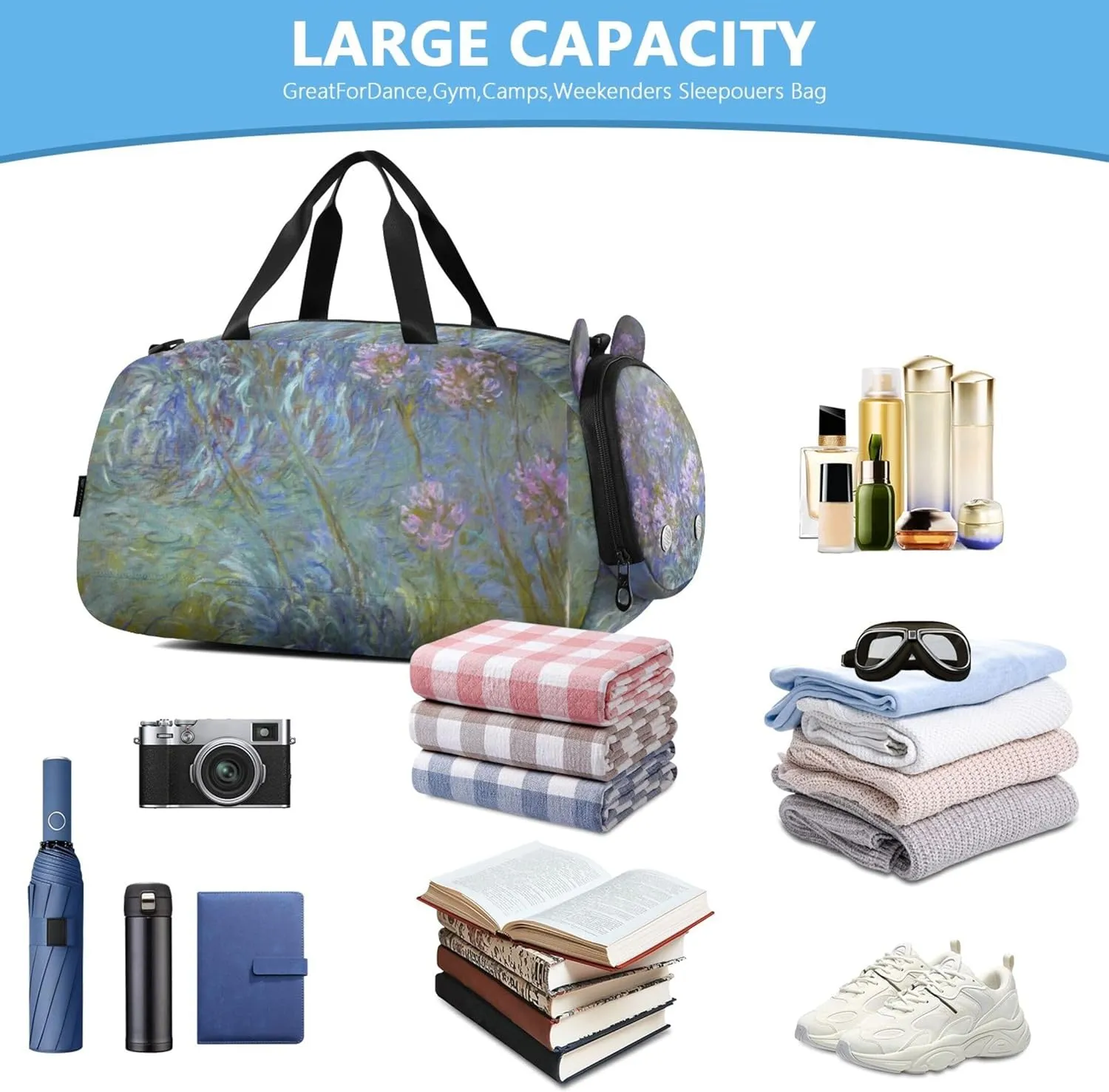 Claude Monet Agapanthus Anagoria Duffle Bags for Traveling Tote Overnight Bags Toddler Boys Carry on Duffel Sports Dance Bag