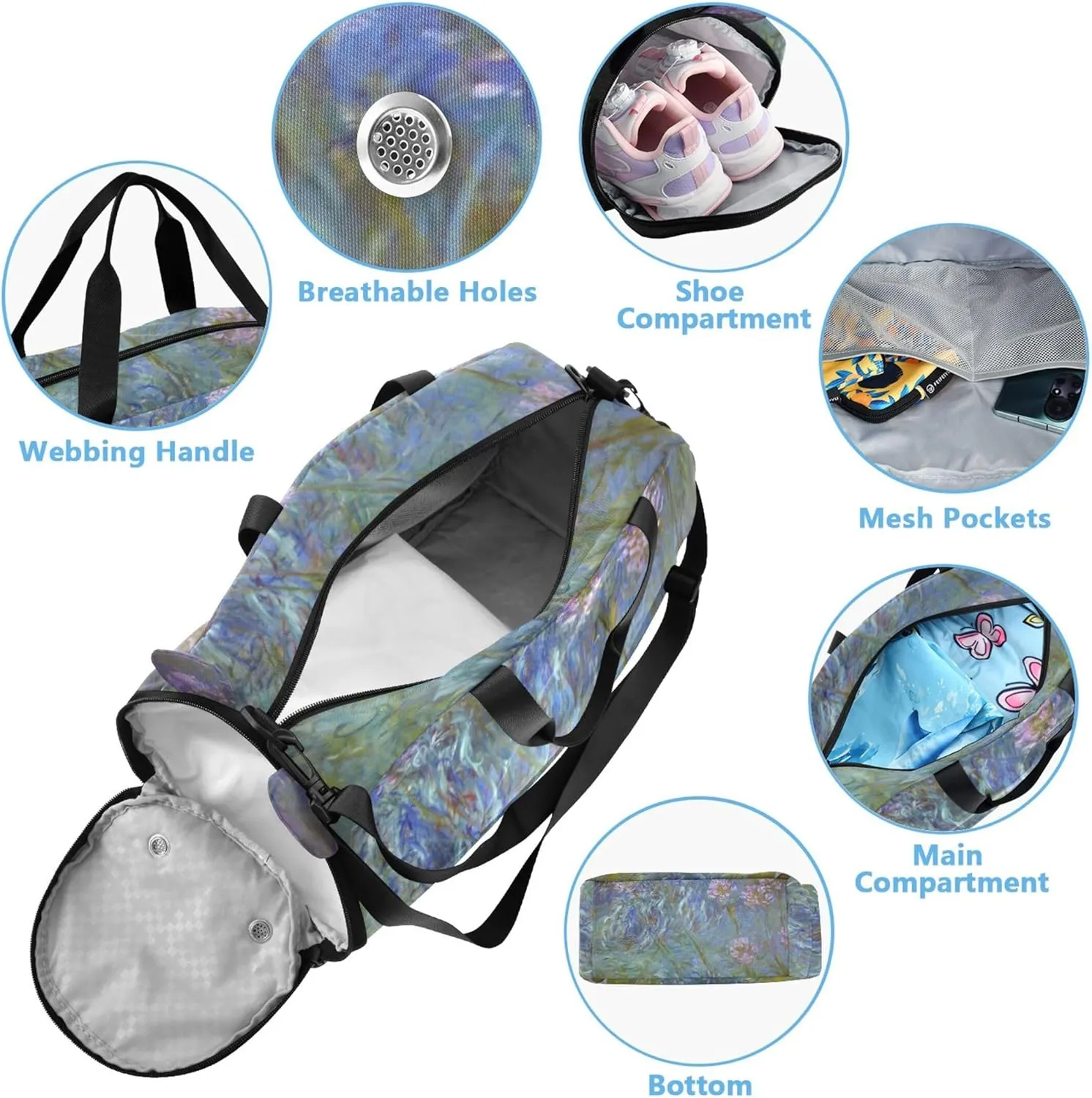 Claude Monet Agapanthus Anagoria Duffle Bags for Traveling Tote Overnight Bags Toddler Boys Carry on Duffel Sports Dance Bag