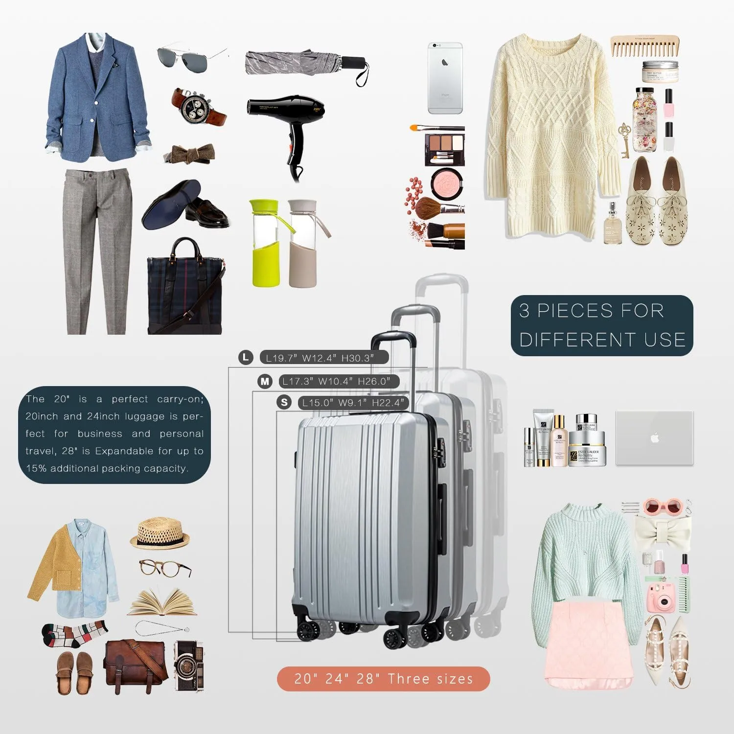 Coolife Luggage Suitcase PC ABS with TSA Lock Spinner Carry on Hardshell Lightweight 20in 24in 28in (grey, S(20in))