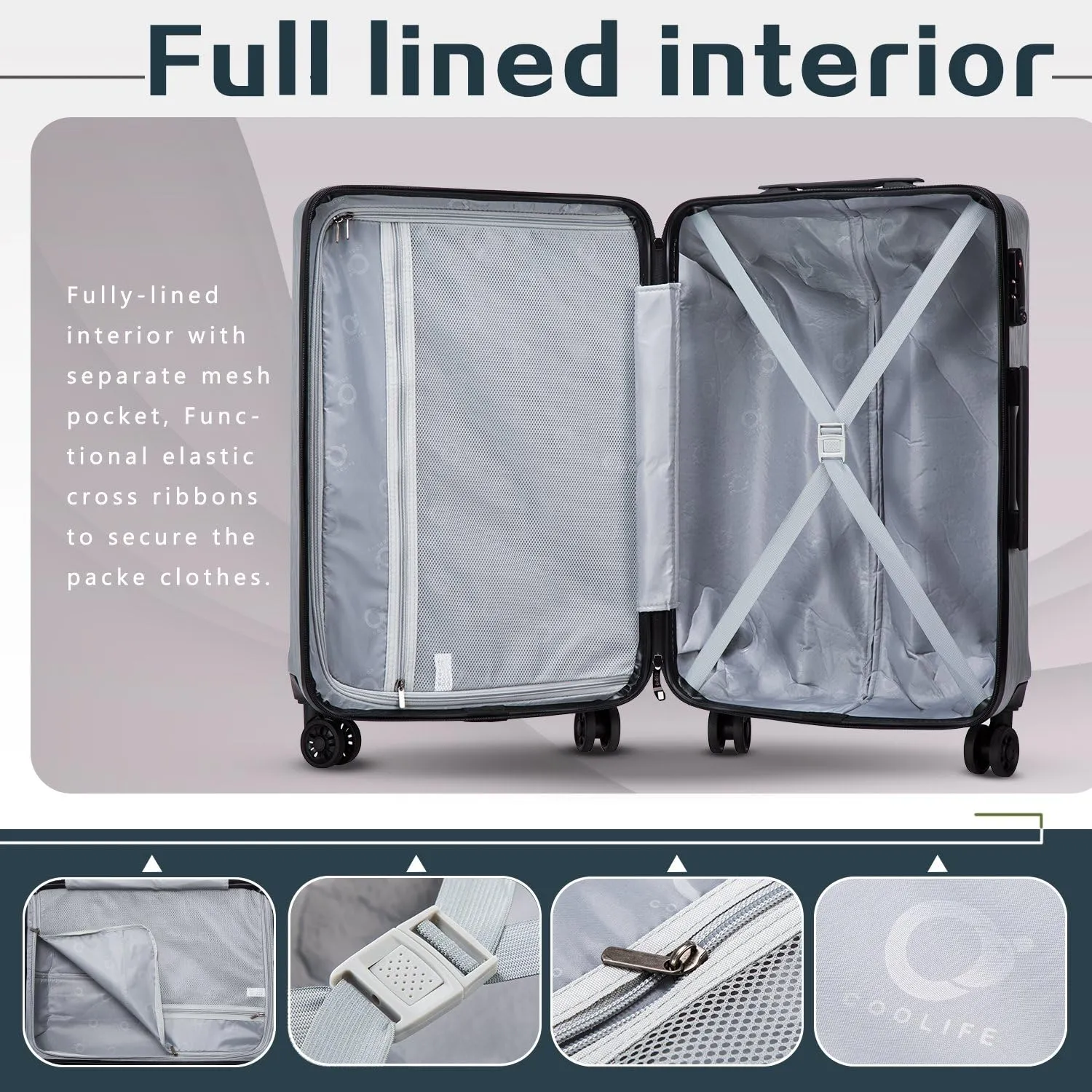 Coolife Luggage Suitcase PC ABS with TSA Lock Spinner Carry on Hardshell Lightweight 20in 24in 28in (grey, S(20in))