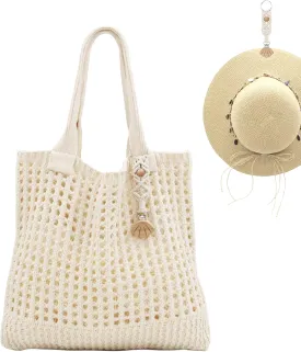 Crochet Tote Bag with Macrame Hat Clip for Travel Women Summer Beach Bag Aesthetic Knit Bag Cute Shoulder Bags