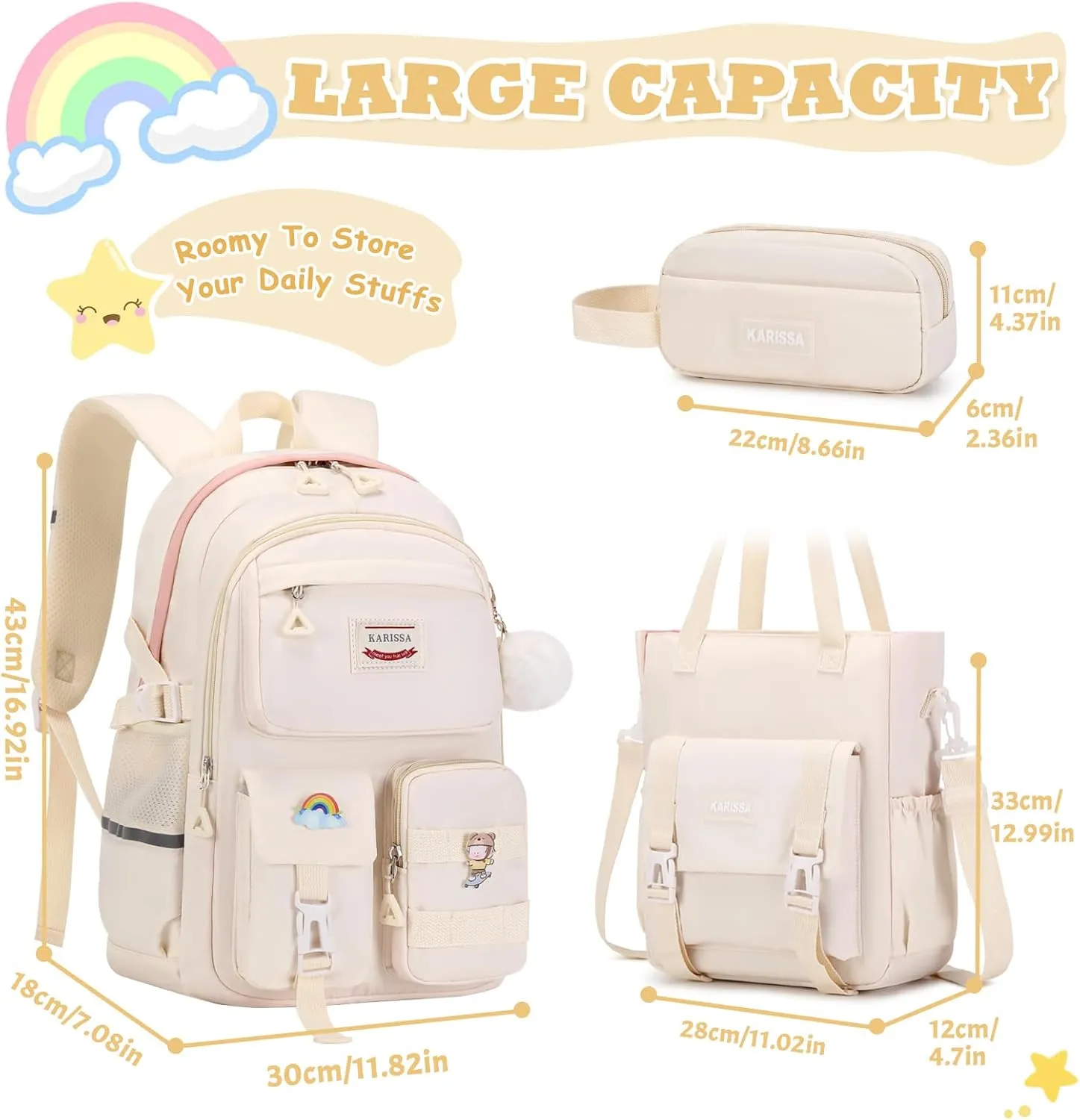 Kawaii Girls Backpack for School with Convertible Shoulder Tote BagCute Teenage Multiple Pockets Backpack for Primary Elementary High School, Milk White 3 Pcs Set