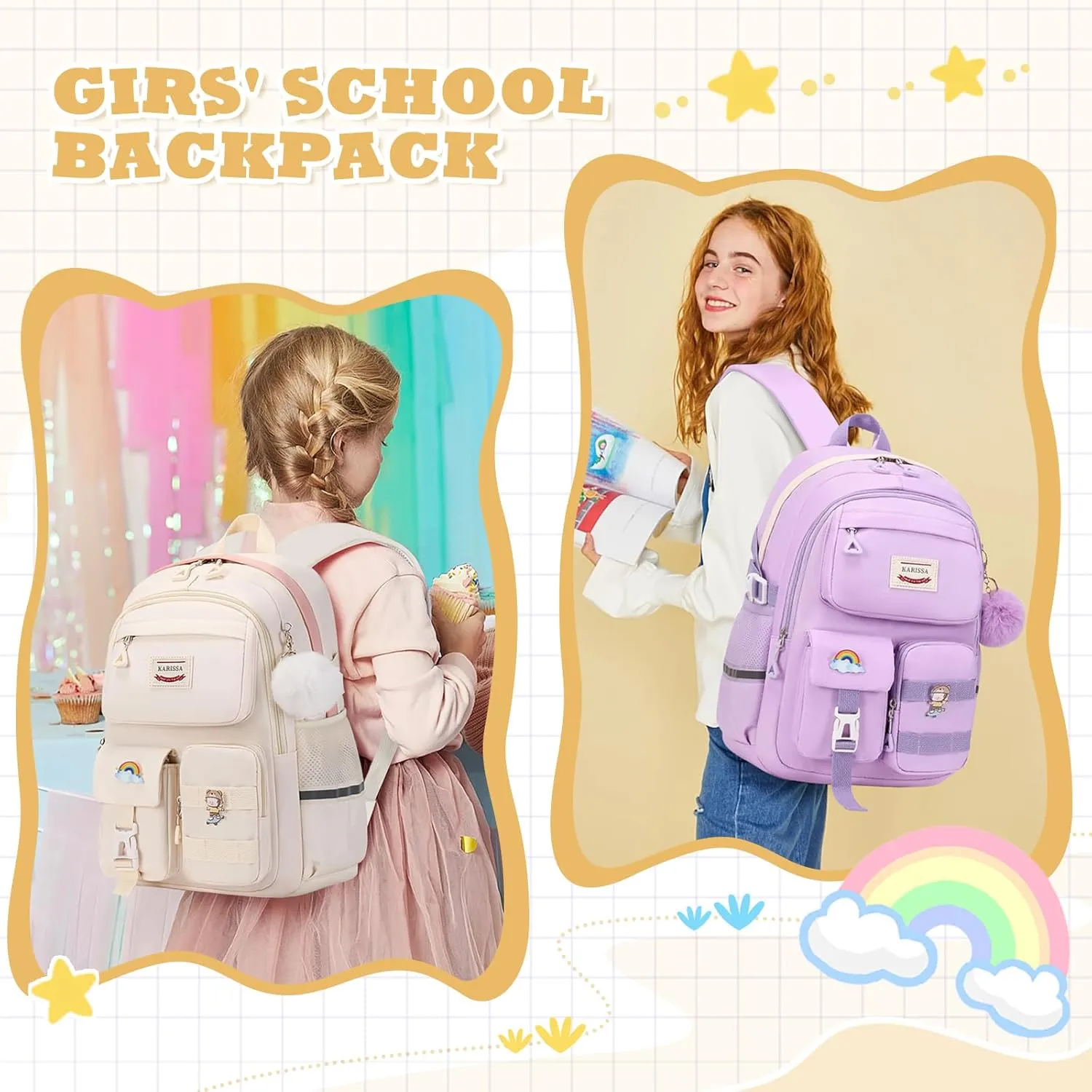 Kawaii Girls Backpack for School with Convertible Shoulder Tote BagCute Teenage Multiple Pockets Backpack for Primary Elementary High School, Milk White 3 Pcs Set