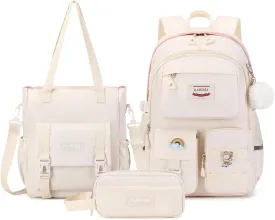 Kawaii Girls Backpack for School with Convertible Shoulder Tote BagCute Teenage Multiple Pockets Backpack for Primary Elementary High School, Milk White 3 Pcs Set
