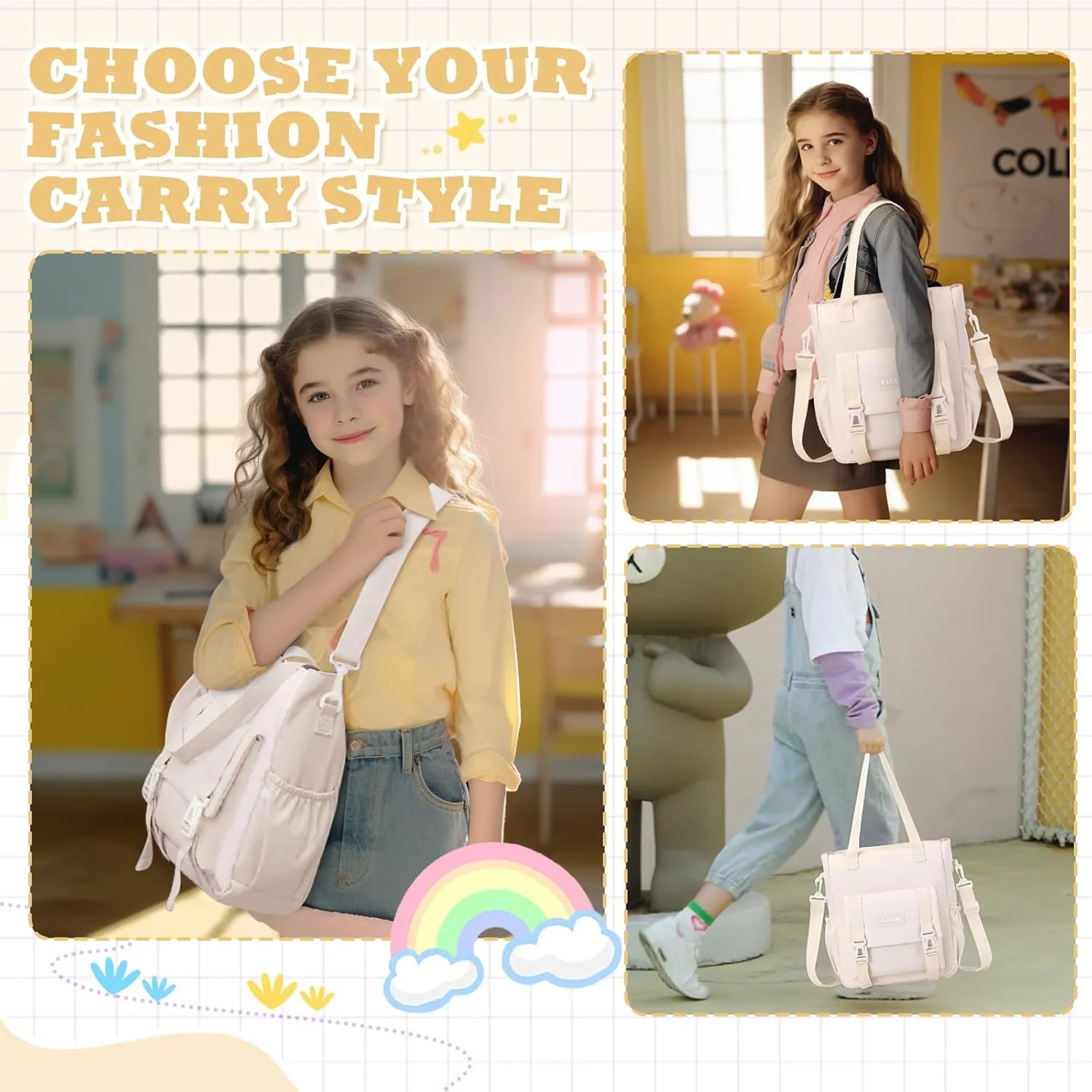 Kawaii Girls Backpack for School with Convertible Shoulder Tote BagCute Teenage Multiple Pockets Backpack for Primary Elementary High School, Milk White 3 Pcs Set