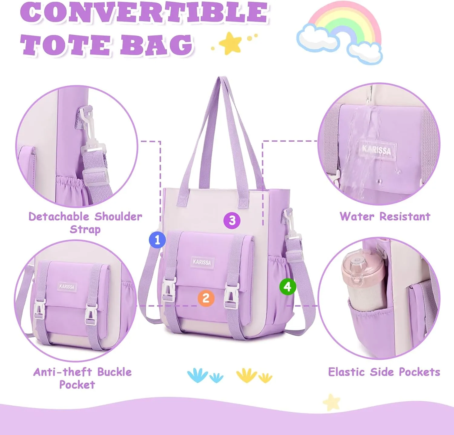 Kawaii Girls Backpack for School with Convertible Shoulder Tote BagCute Teenage Multiple Pockets Backpack for Primary Elementary High School, Purple 3 Pcs Set
