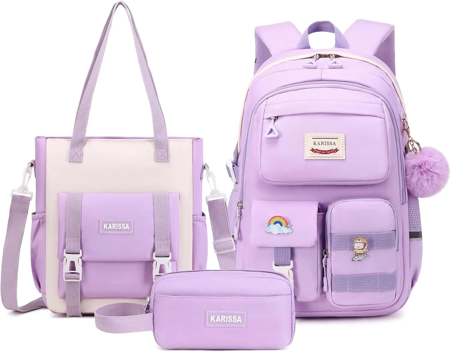 Kawaii Girls Backpack for School with Convertible Shoulder Tote BagCute Teenage Multiple Pockets Backpack for Primary Elementary High School, Purple 3 Pcs Set