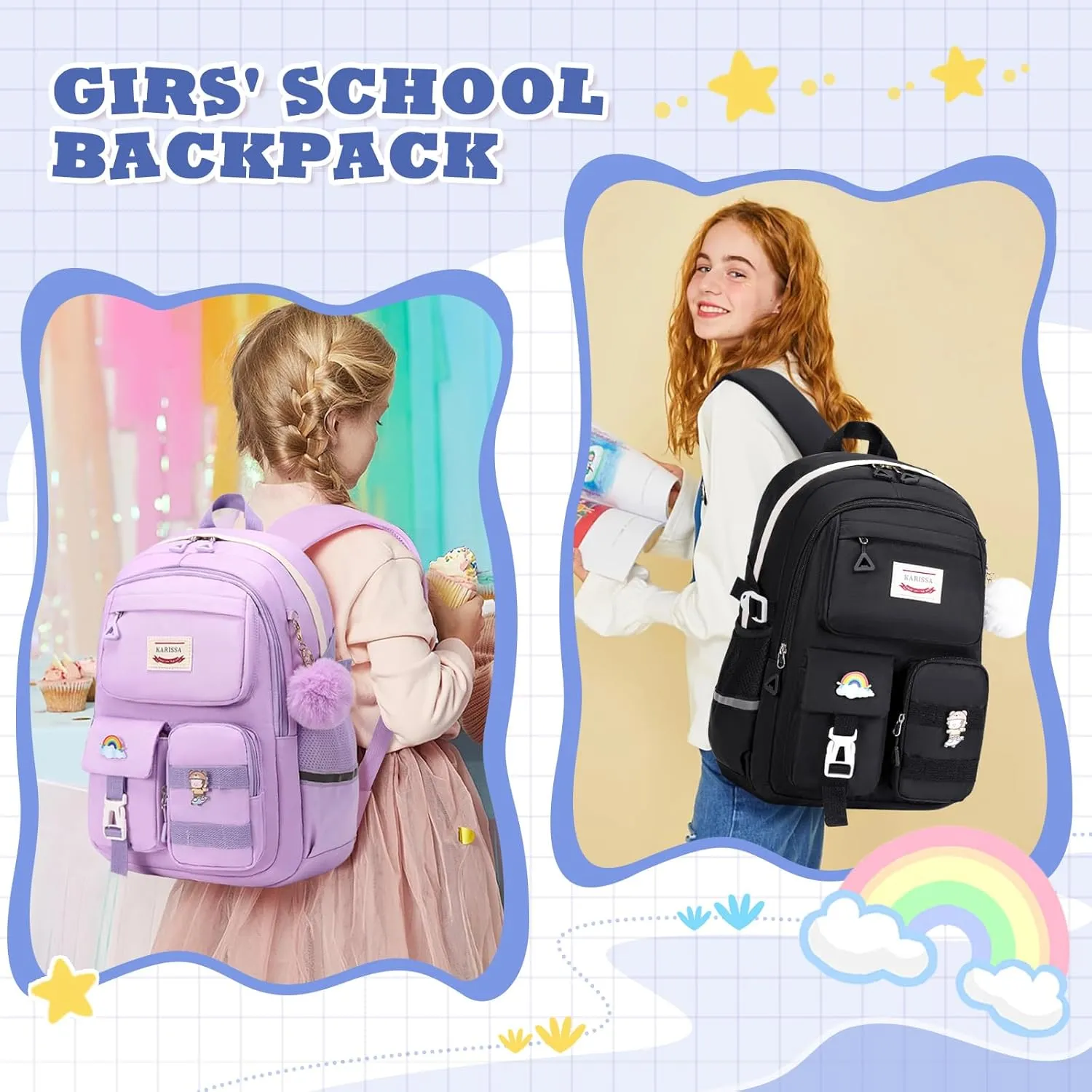 Kawaii Girls Backpack for School with Convertible Shoulder Tote BagCute Teenage Multiple Pockets Backpack for Primary Elementary High School, Purple 3 Pcs Set