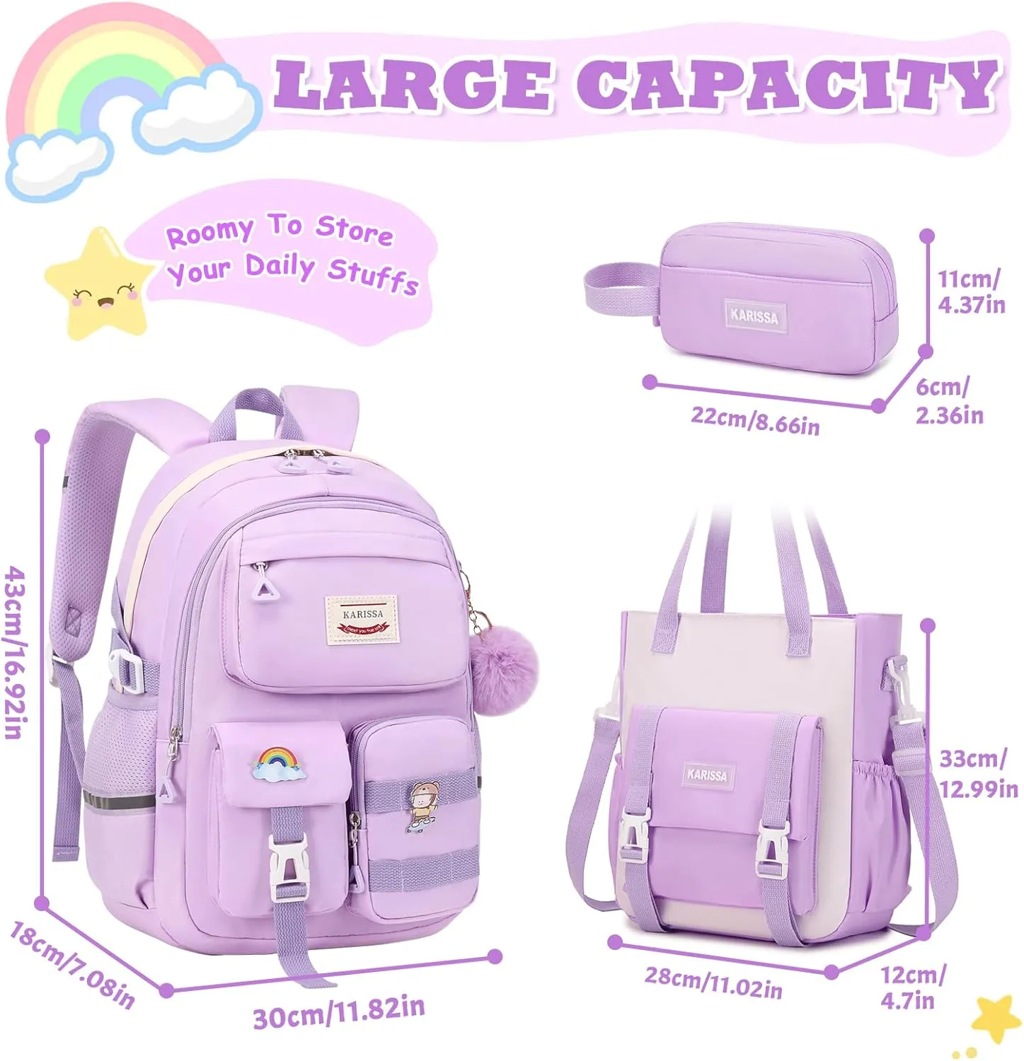 Kawaii Girls Backpack for School with Convertible Shoulder Tote BagCute Teenage Multiple Pockets Backpack for Primary Elementary High School, Purple 3 Pcs Set