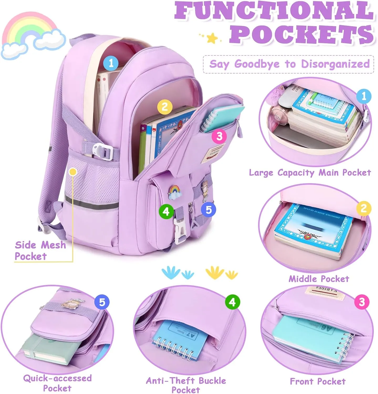 Kawaii Girls Backpack for School with Convertible Shoulder Tote BagCute Teenage Multiple Pockets Backpack for Primary Elementary High School, Purple 3 Pcs Set