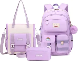 Kawaii Girls Backpack for School with Convertible Shoulder Tote BagCute Teenage Multiple Pockets Backpack for Primary Elementary High School, Purple 3 Pcs Set