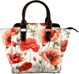 Leather Shoulder Bag for Women, Watercolor Poppy Flower Studded Purse Spring Floral Crossbody Handbags Punk Hobo Bag with Adjustable Strap