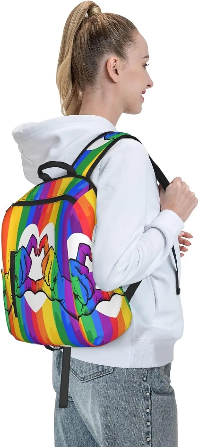 LGBT Rainbow Gay Pride Flag Hands Making Heart Travel Laptop Backpack Casual Backpacks Double Shoulder Daypack Notebook Rucksack Work Bags Sports Bag for Gym Hiking Camping Beach