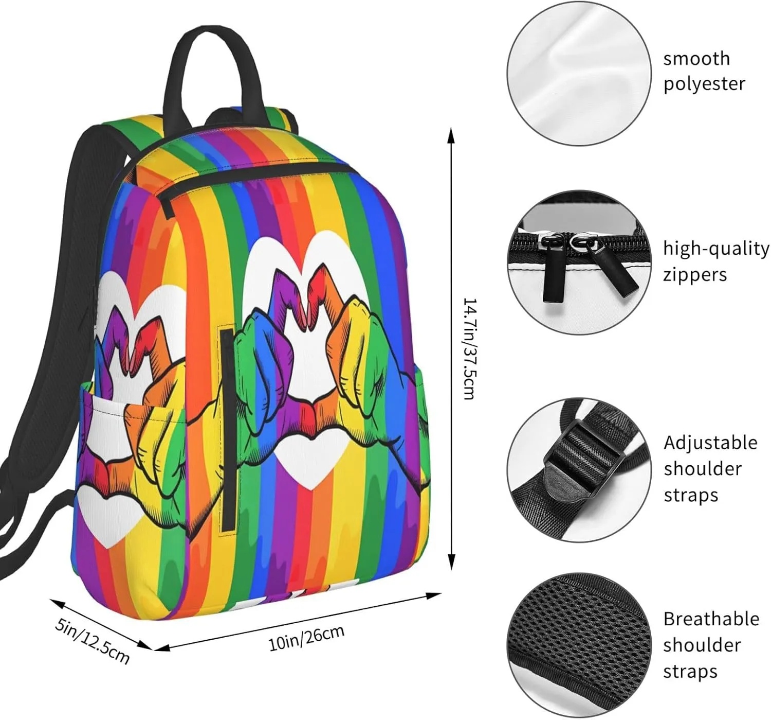 LGBT Rainbow Gay Pride Flag Hands Making Heart Travel Laptop Backpack Casual Backpacks Double Shoulder Daypack Notebook Rucksack Work Bags Sports Bag for Gym Hiking Camping Beach