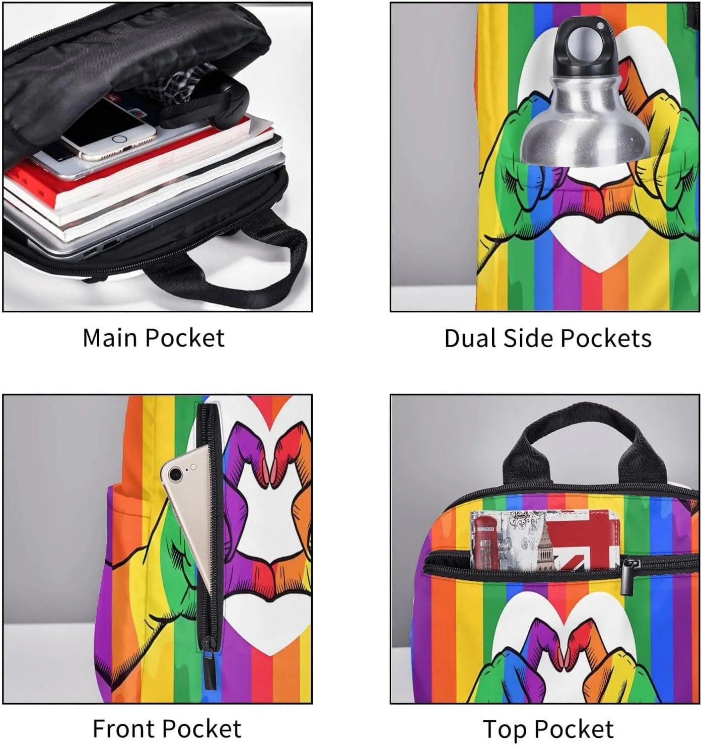 LGBT Rainbow Gay Pride Flag Hands Making Heart Travel Laptop Backpack Casual Backpacks Double Shoulder Daypack Notebook Rucksack Work Bags Sports Bag for Gym Hiking Camping Beach