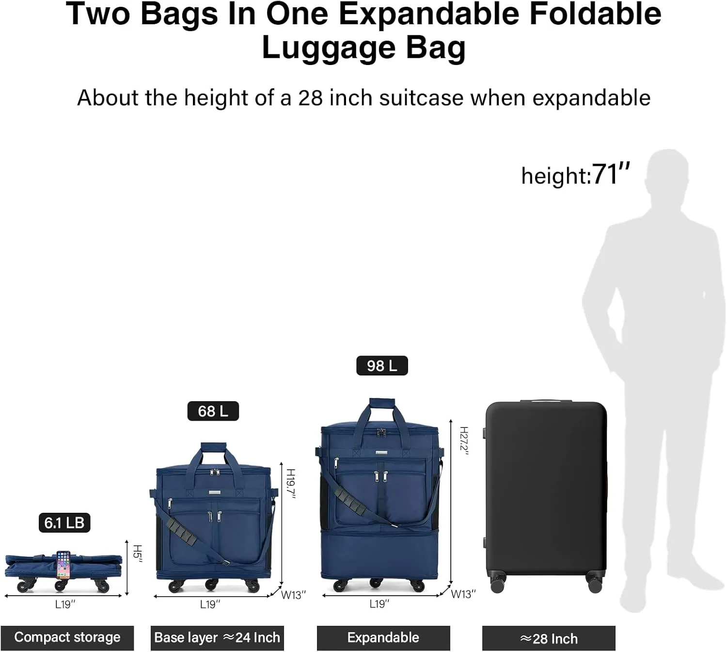 MILADA Travel Luggage Bag Suitcases with Wheels Expandable Foldable Travel Bag Collapsible Rolling Duffle Bag Large Suitcase for Men Women without Telescoping Handle,Blue
