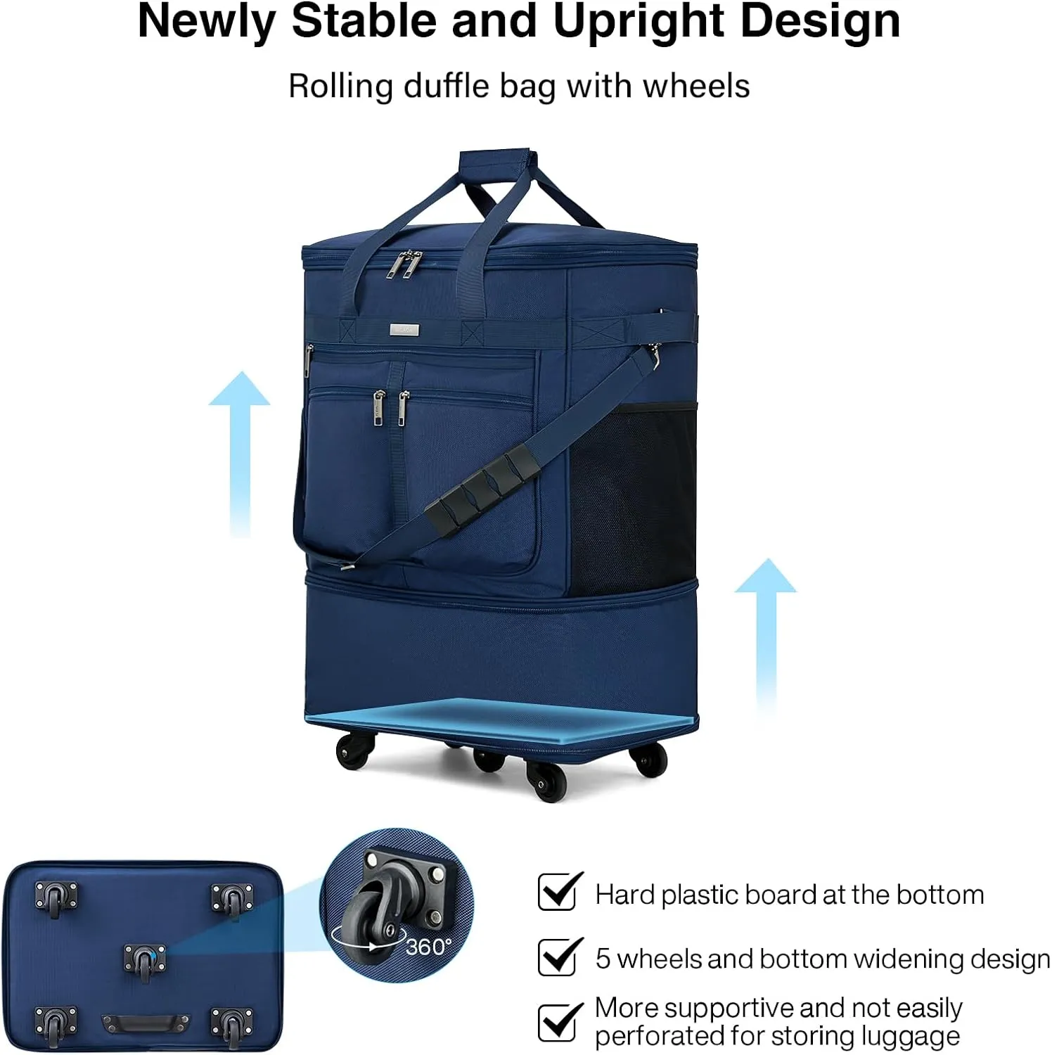 MILADA Travel Luggage Bag Suitcases with Wheels Expandable Foldable Travel Bag Collapsible Rolling Duffle Bag Large Suitcase for Men Women without Telescoping Handle,Blue