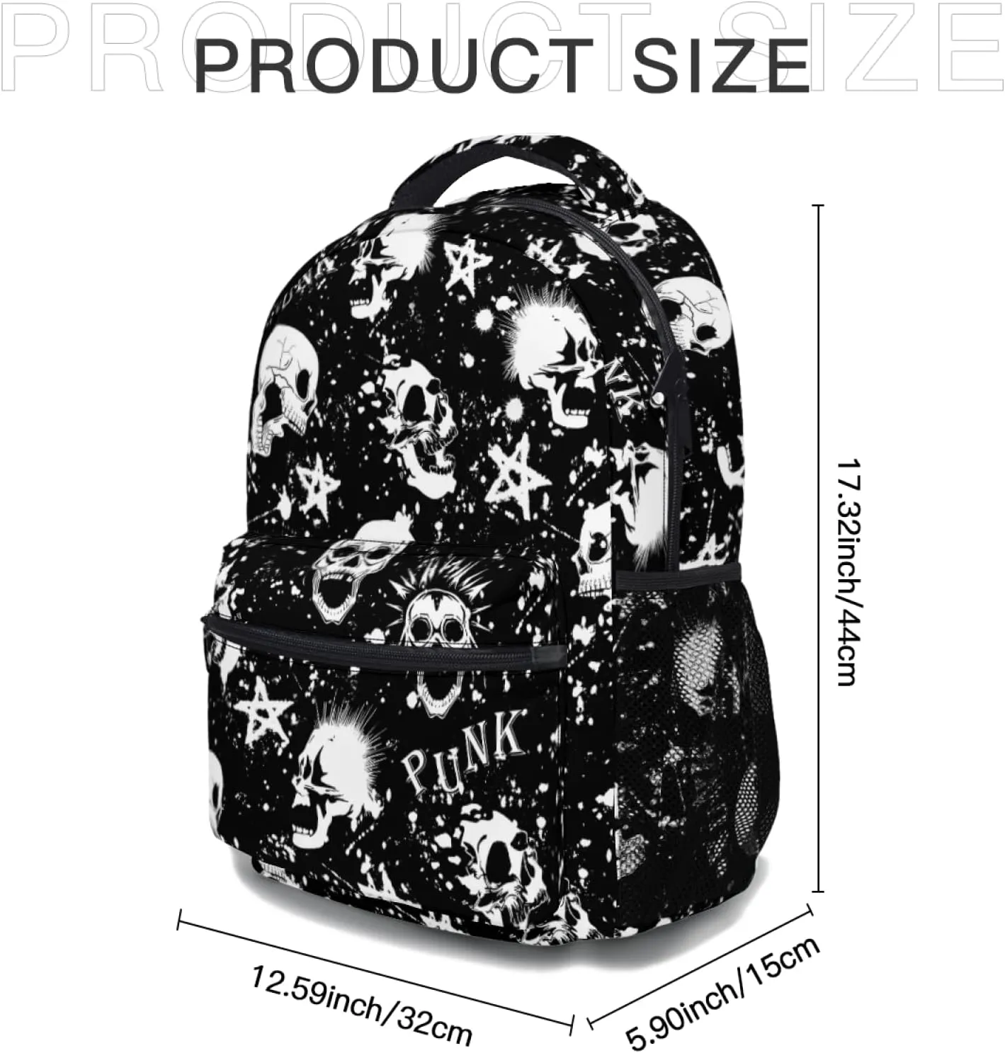 Nerxy White Black Punk Skull Backpack Mohawk Hair Vintage Bookbags for Kids Daypack Travel Middle High School College Bag for Girls Boys Womens Mens Teens