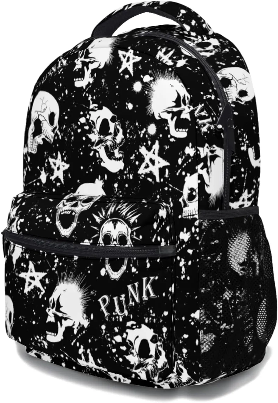 Nerxy White Black Punk Skull Backpack Mohawk Hair Vintage Bookbags for Kids Daypack Travel Middle High School College Bag for Girls Boys Womens Mens Teens