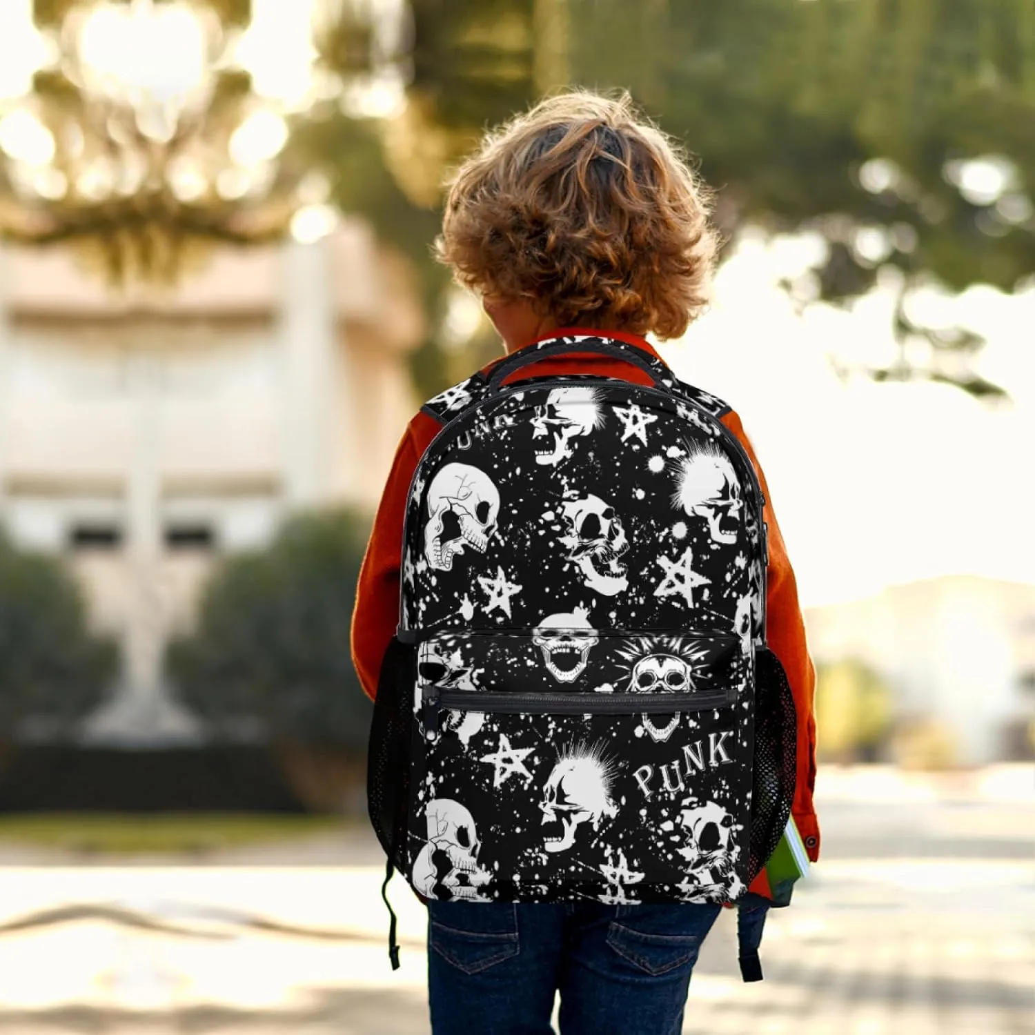 Nerxy White Black Punk Skull Backpack Mohawk Hair Vintage Bookbags for Kids Daypack Travel Middle High School College Bag for Girls Boys Womens Mens Teens