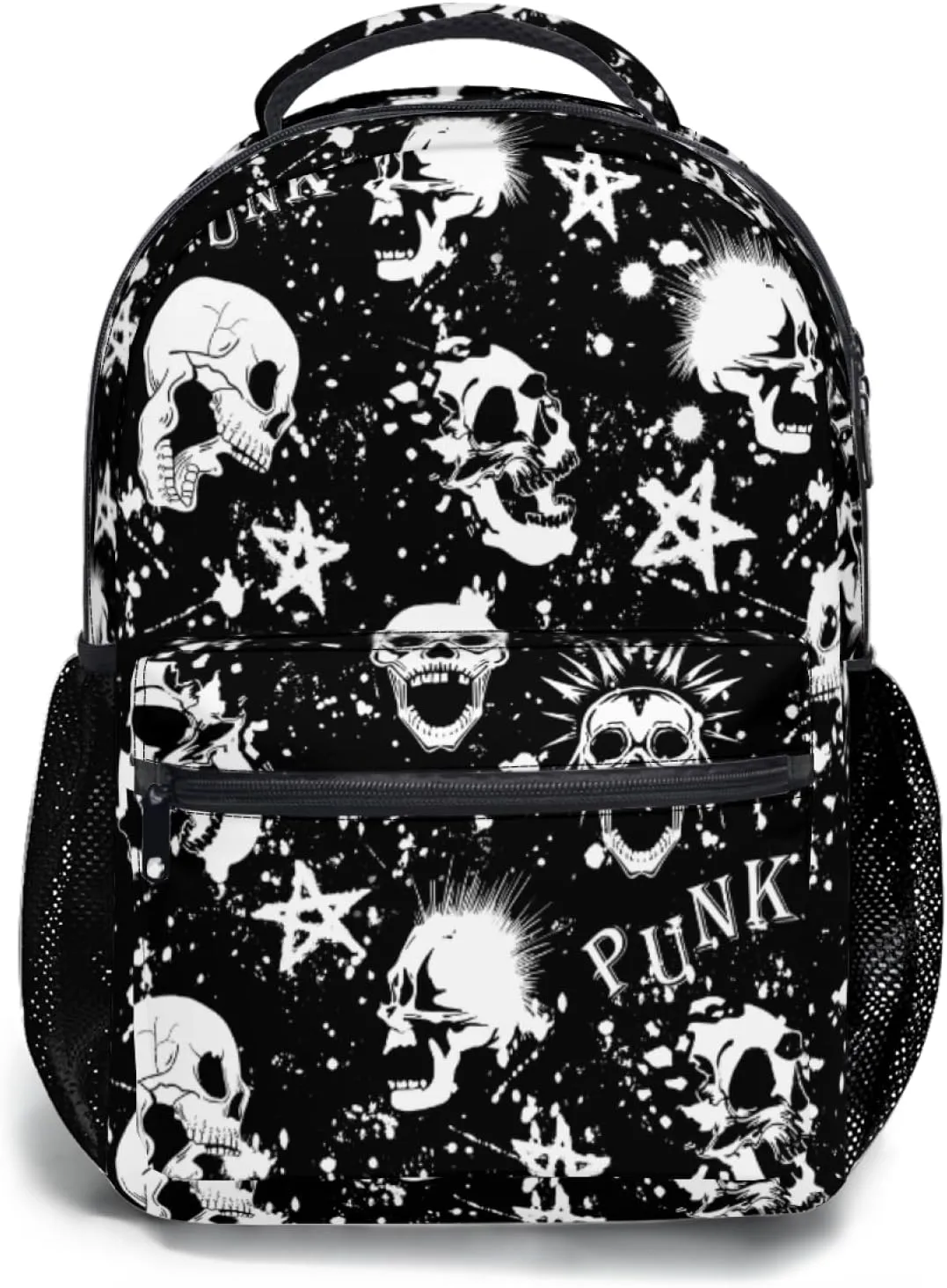 Nerxy White Black Punk Skull Backpack Mohawk Hair Vintage Bookbags for Kids Daypack Travel Middle High School College Bag for Girls Boys Womens Mens Teens