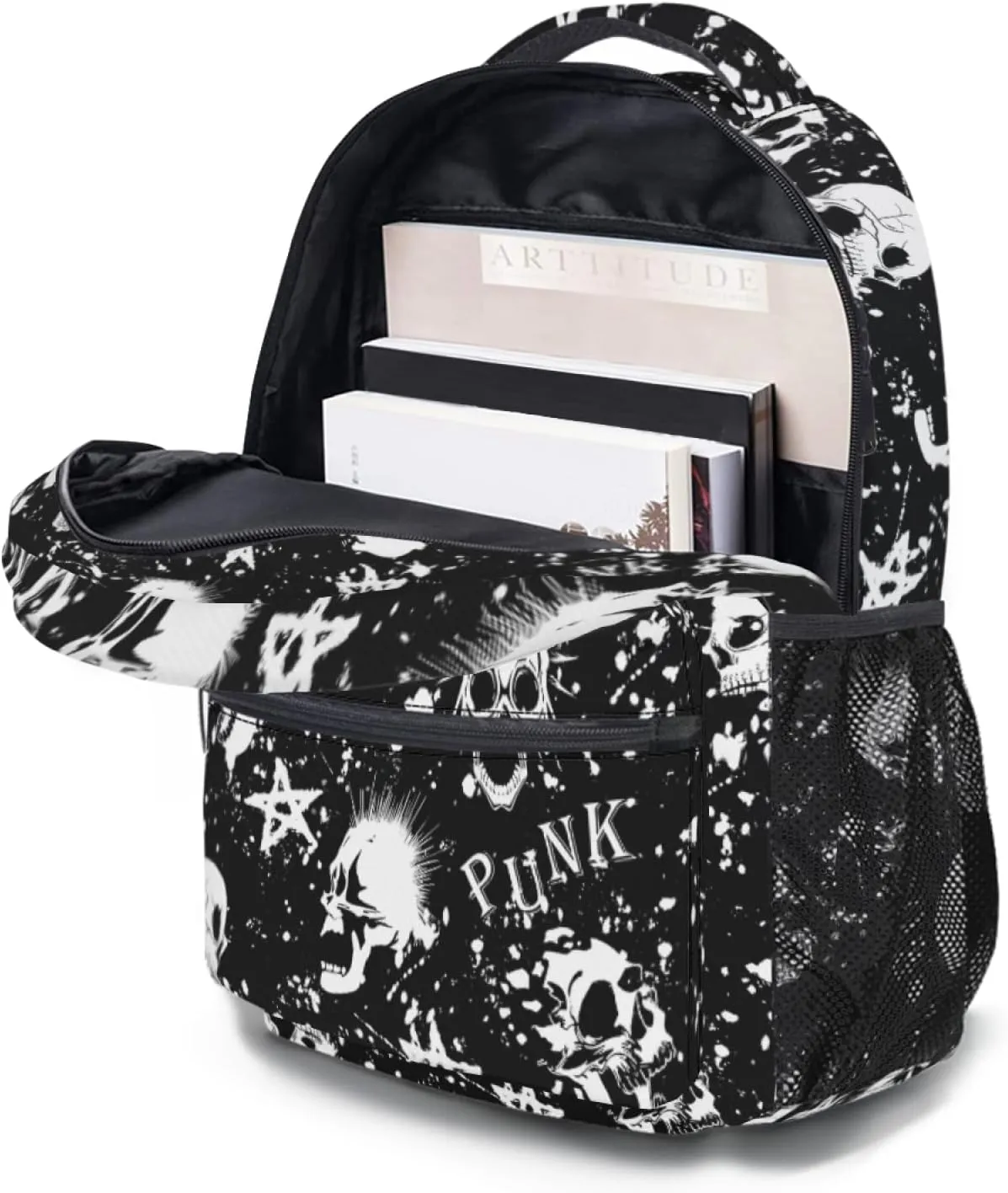 Nerxy White Black Punk Skull Backpack Mohawk Hair Vintage Bookbags for Kids Daypack Travel Middle High School College Bag for Girls Boys Womens Mens Teens