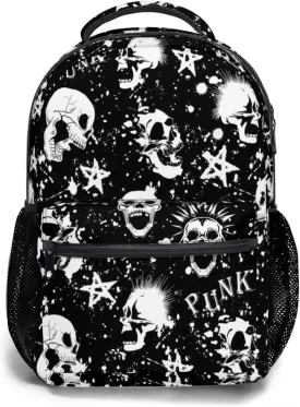 Nerxy White Black Punk Skull Backpack Mohawk Hair Vintage Bookbags for Kids Daypack Travel Middle High School College Bag for Girls Boys Womens Mens Teens