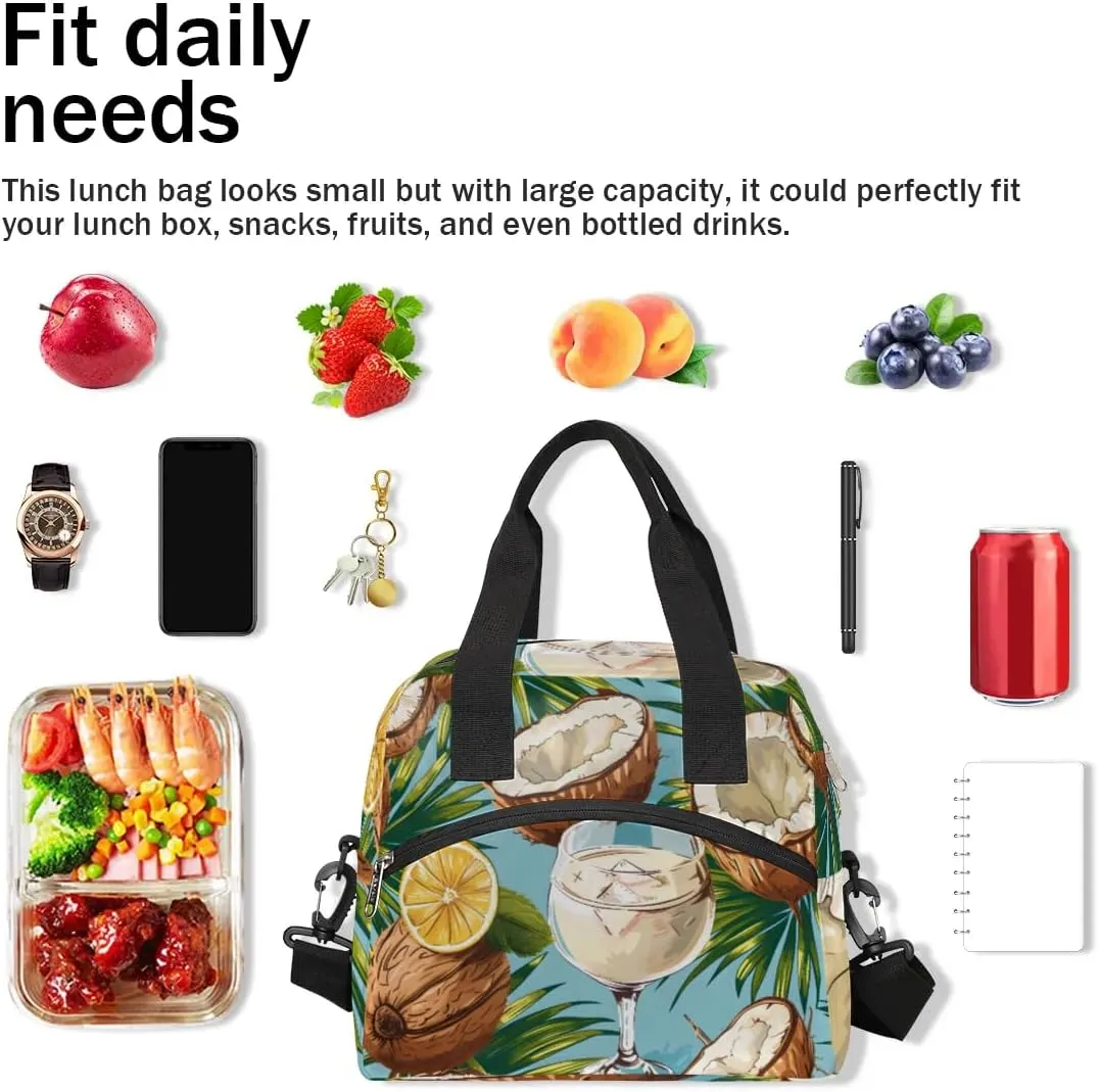 QsirBC Lunch Tote Coconut Decor Insulated Lunch Bag Adult Bags with Strap Women Men Reusable Cooler Lunch Box for Work Picnic Travel Shopping Beach