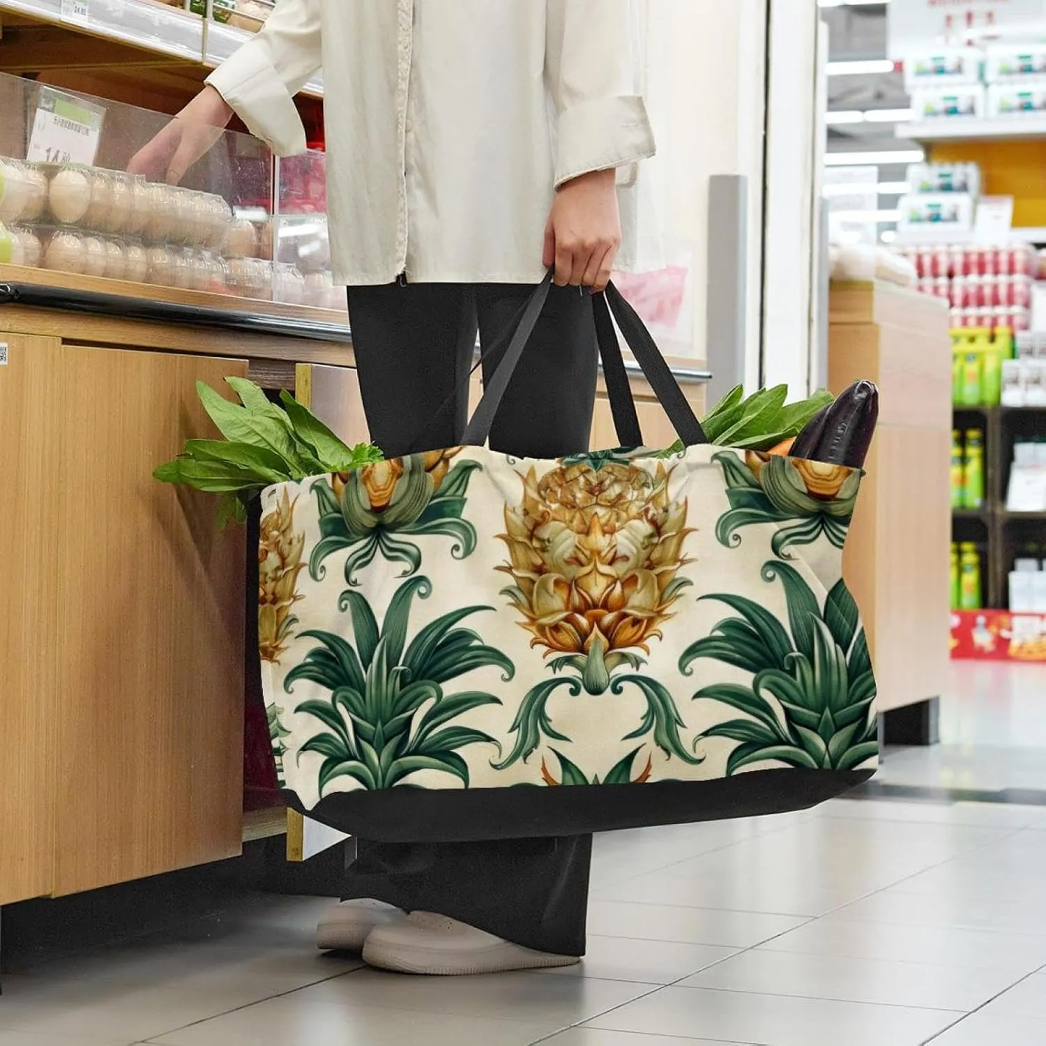 Reusable Grocery Shopping Bag Large Shopping Bag Foldable for Storage Picnic Clothes Pineapple Aesthetic Pattern