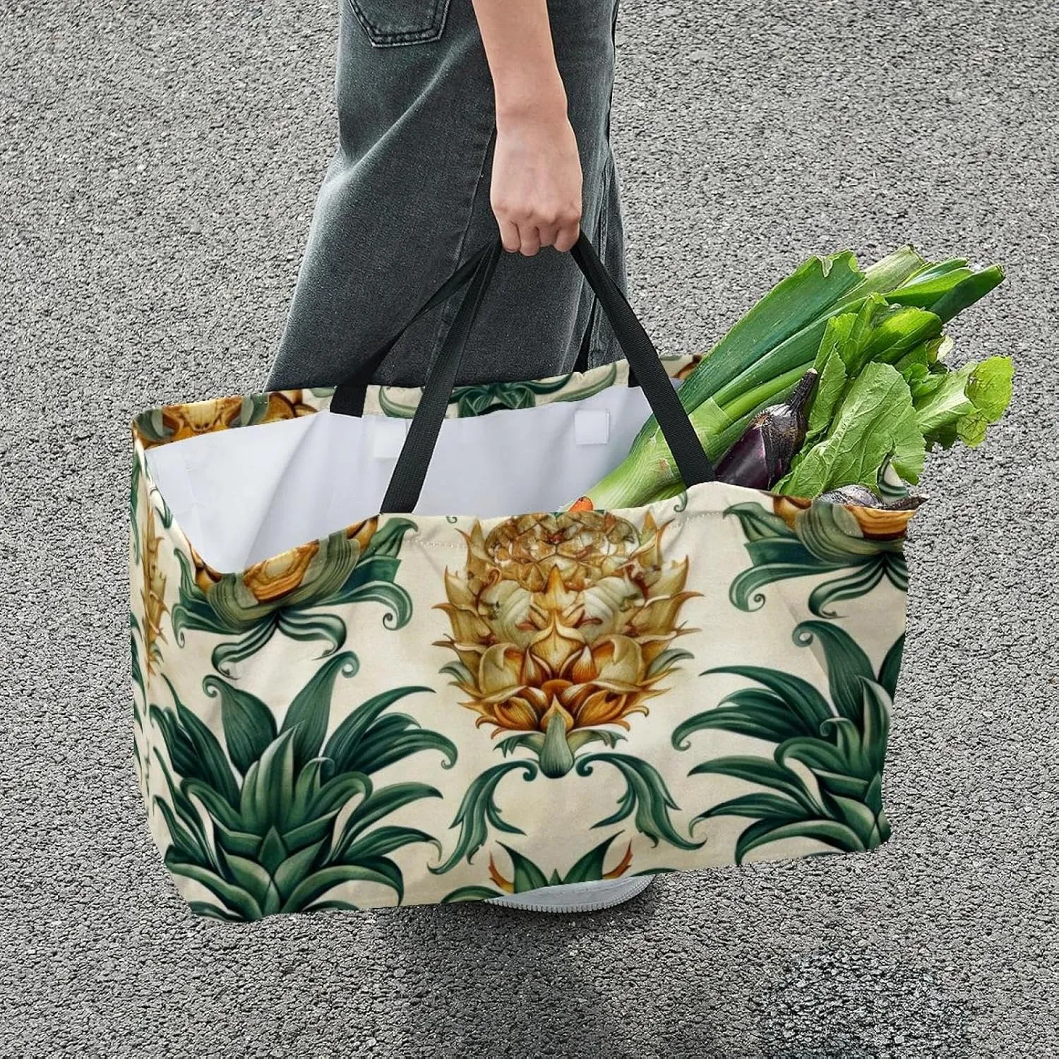 Reusable Grocery Shopping Bag Large Shopping Bag Foldable for Storage Picnic Clothes Pineapple Aesthetic Pattern