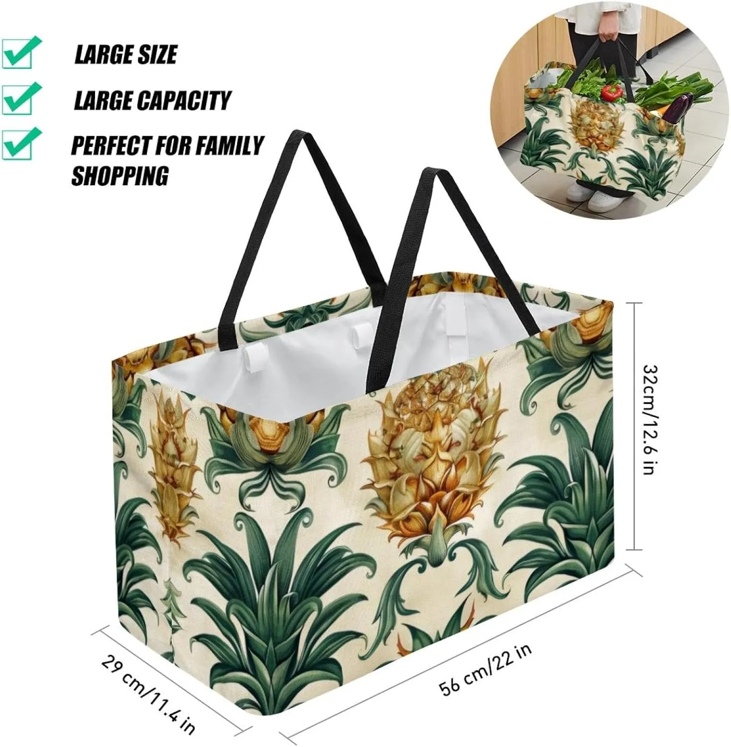 Reusable Grocery Shopping Bag Large Shopping Bag Foldable for Storage Picnic Clothes Pineapple Aesthetic Pattern