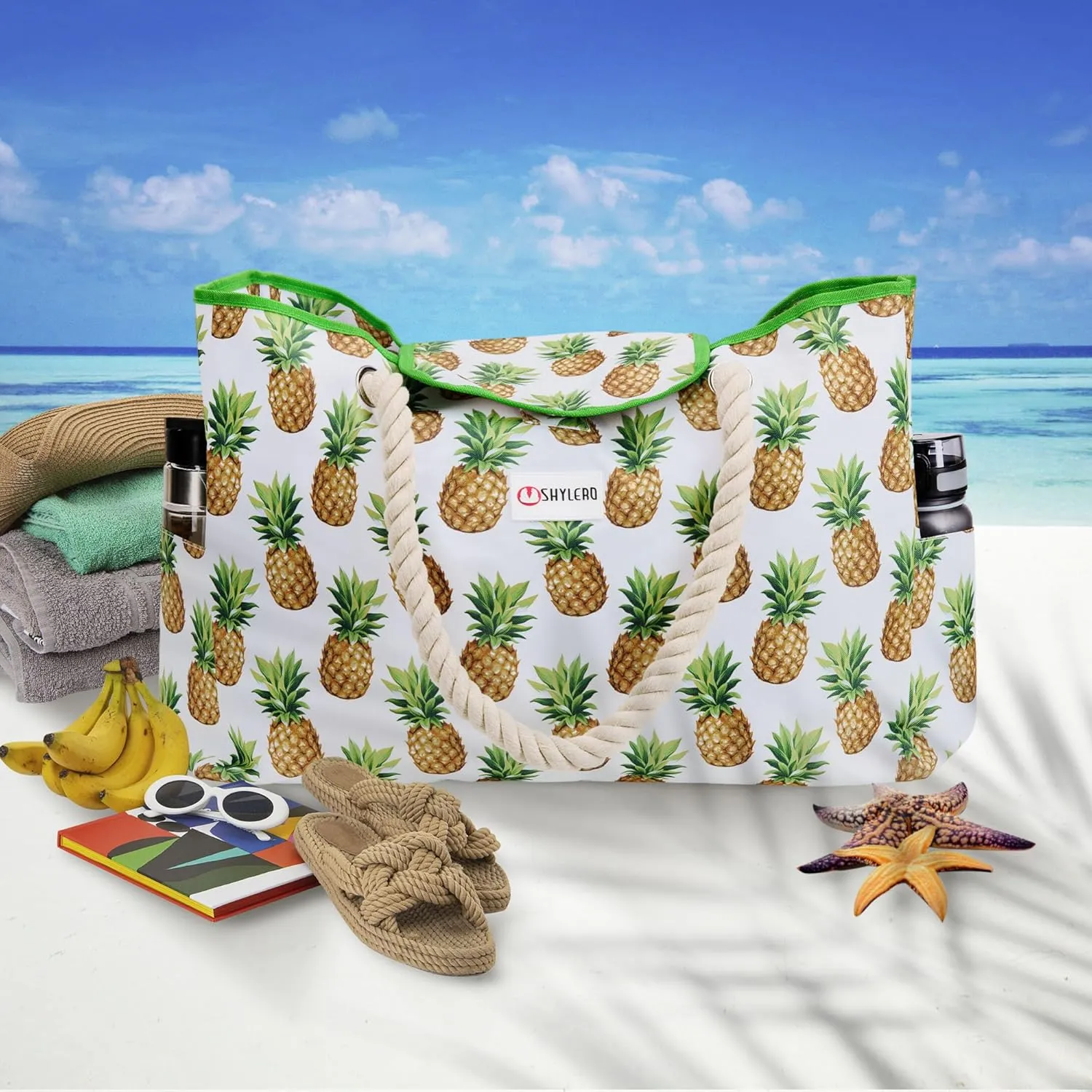 SHYLERO Beach Bag and Pool Bag Has Airtight Pouch, Magnetic Snap Closure. Beach Tote is Water Resistant. Family Size