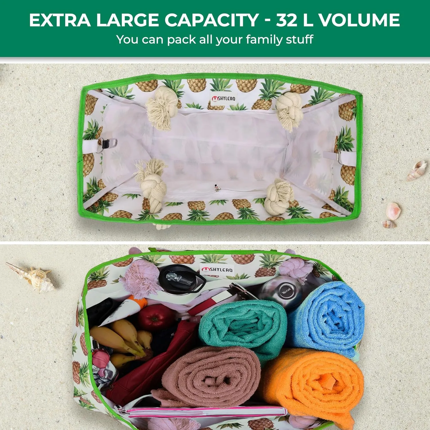 SHYLERO Beach Bag and Pool Bag Has Airtight Pouch, Magnetic Snap Closure. Beach Tote is Water Resistant. Family Size