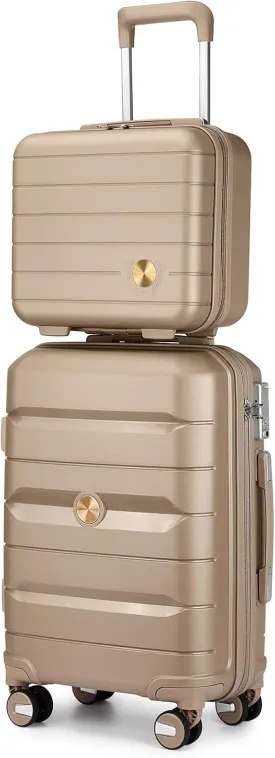 Somago 20" Carry On Luggage and 14" Mini Cosmetic Cases Travel Set Lightweight Polypropylene Suitcase with TSA Lock YKK Zipper Hardside Luggage with Spinner Wheels (2 Piece Set, Noble Golden)