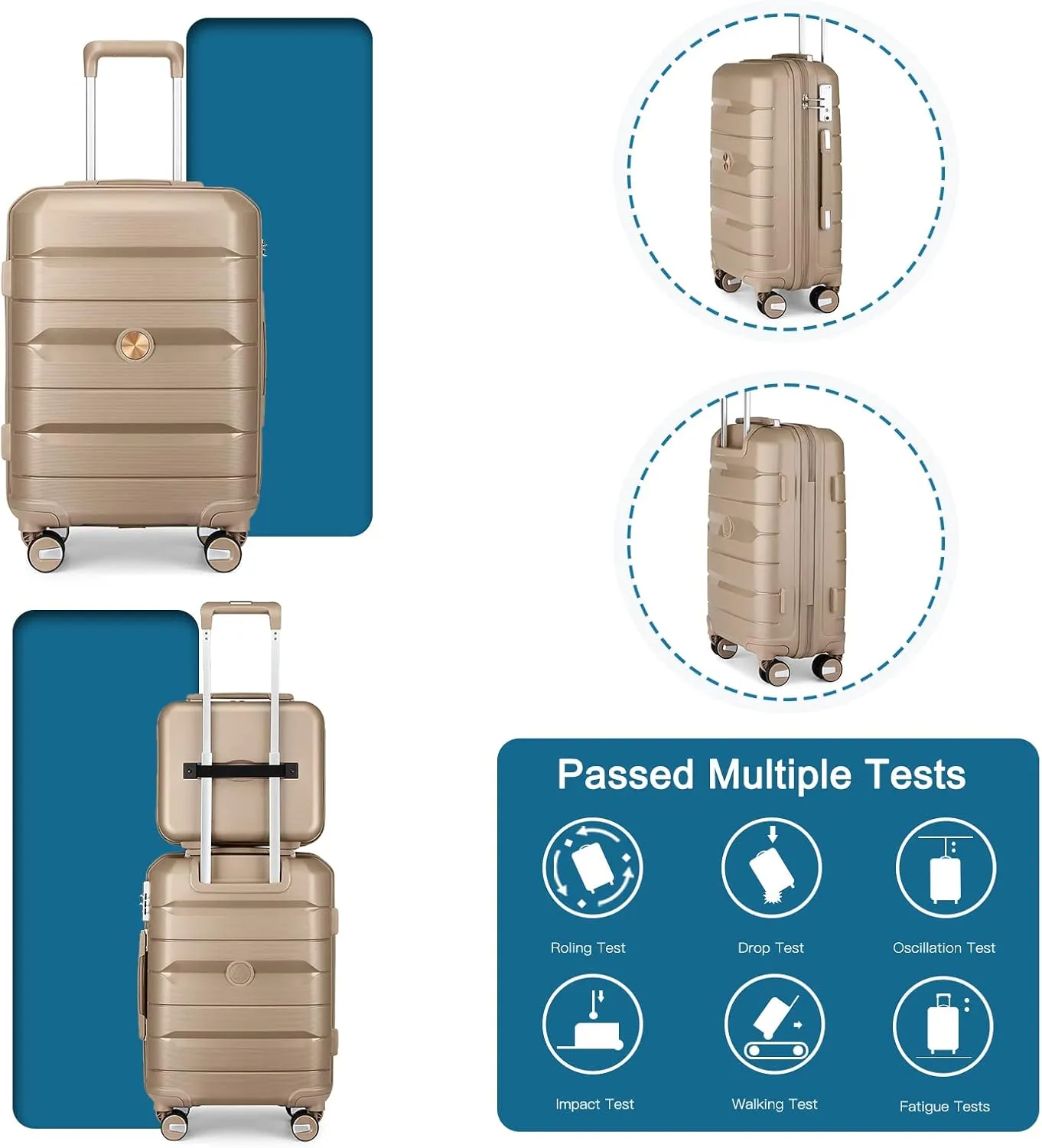 Somago 20" Carry On Luggage and 14" Mini Cosmetic Cases Travel Set Lightweight Polypropylene Suitcase with TSA Lock YKK Zipper Hardside Luggage with Spinner Wheels (2 Piece Set, Noble Golden)