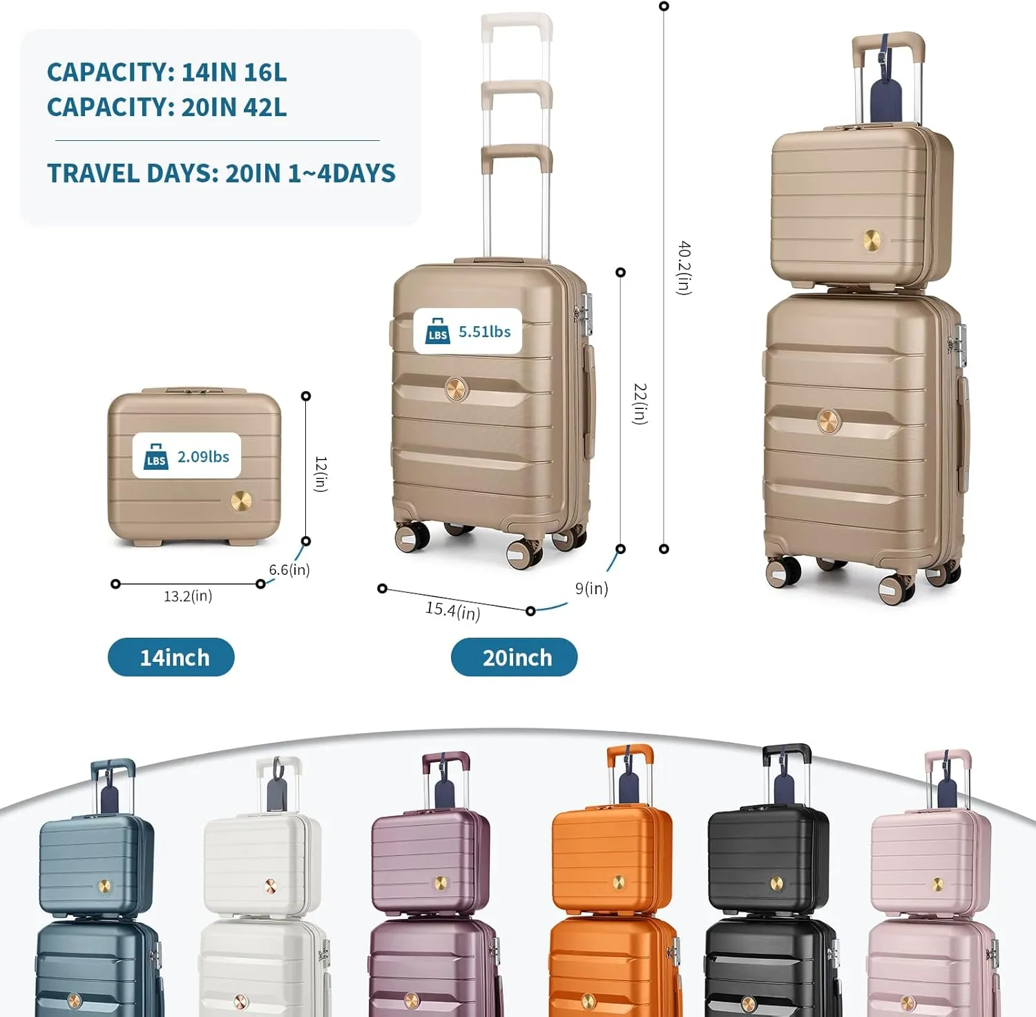 Somago 20" Carry On Luggage and 14" Mini Cosmetic Cases Travel Set Lightweight Polypropylene Suitcase with TSA Lock YKK Zipper Hardside Luggage with Spinner Wheels (2 Piece Set, Noble Golden)