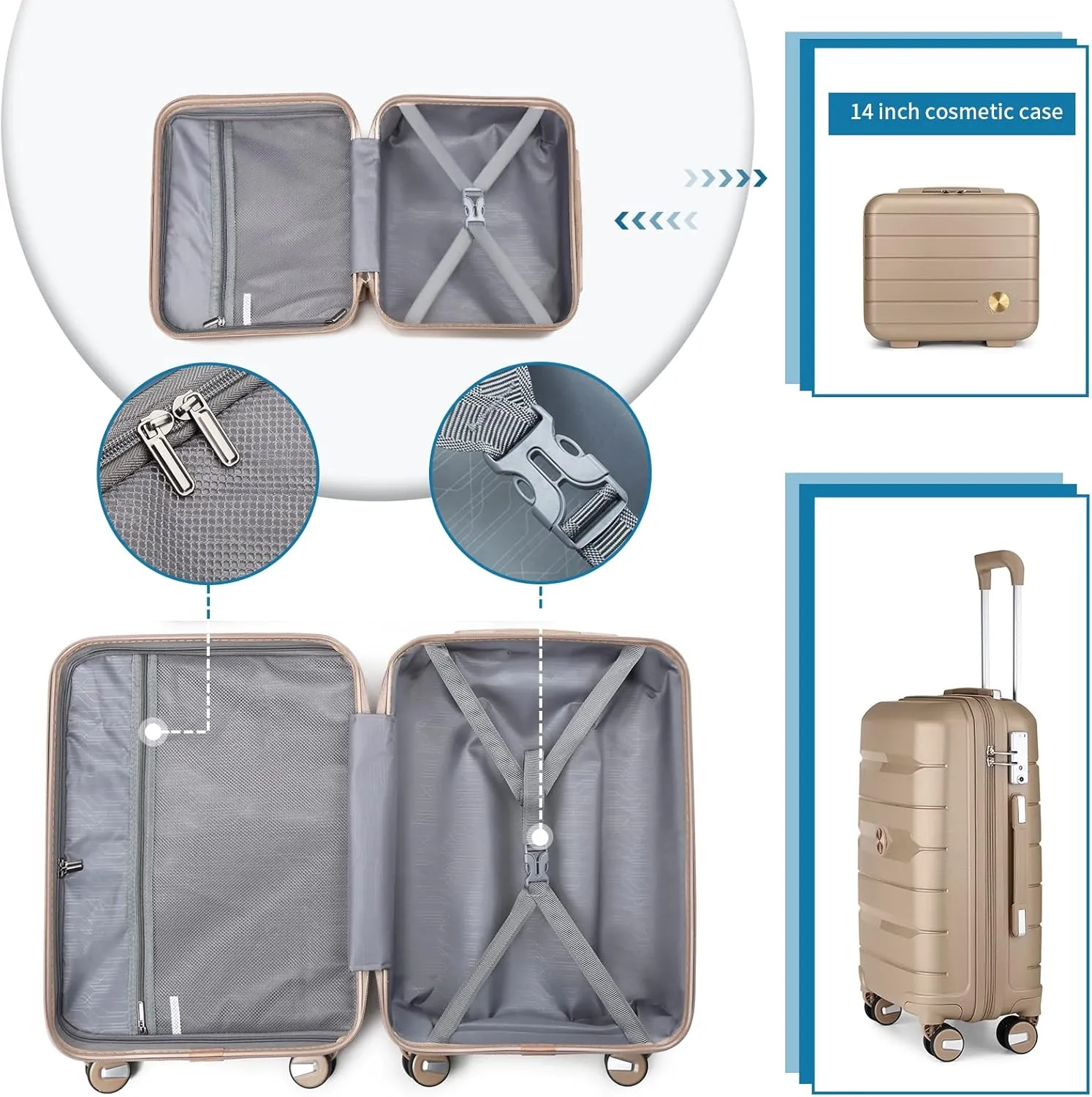 Somago 20" Carry On Luggage and 14" Mini Cosmetic Cases Travel Set Lightweight Polypropylene Suitcase with TSA Lock YKK Zipper Hardside Luggage with Spinner Wheels (2 Piece Set, Noble Golden)
