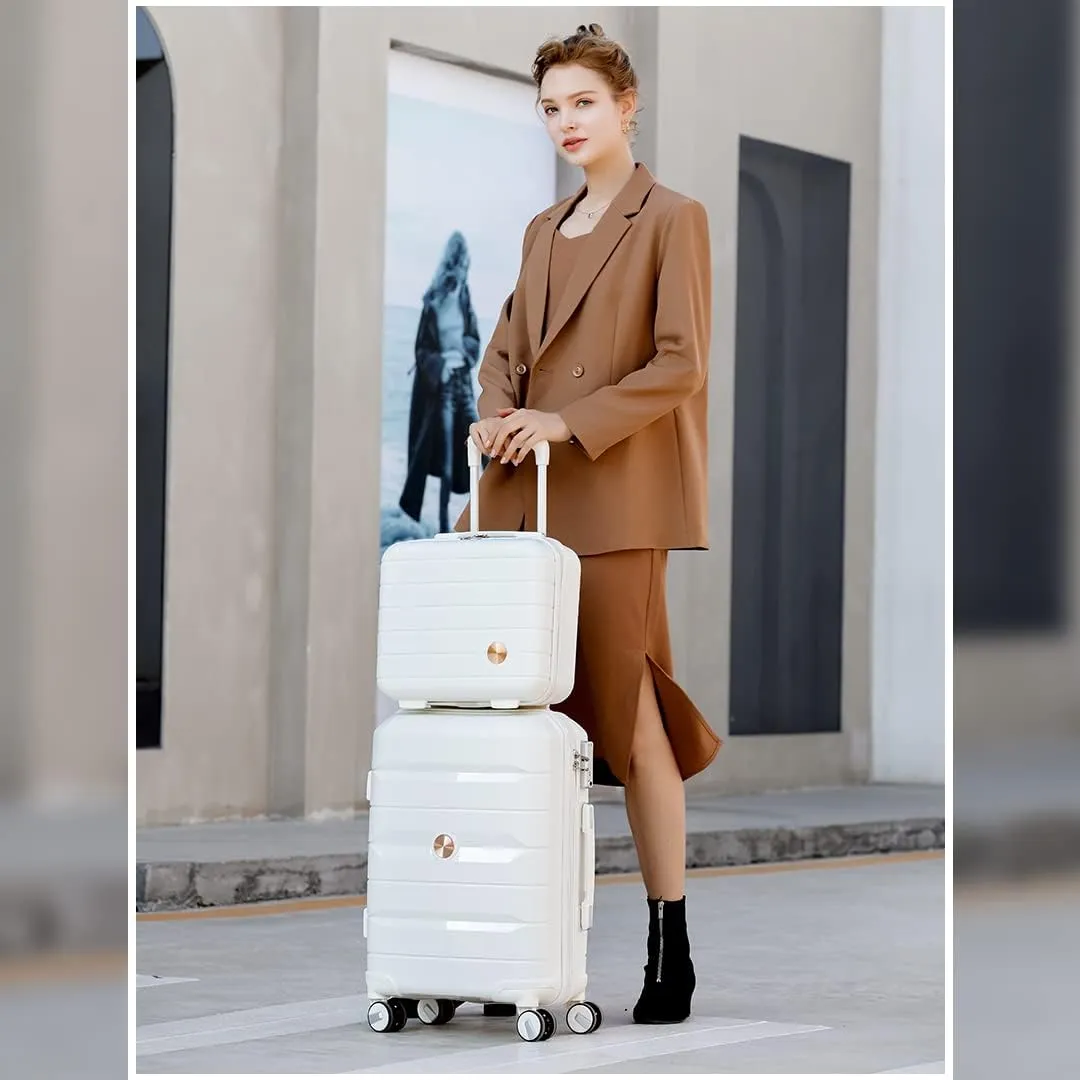 Somago 20" Carry On Luggage and 14" Mini Cosmetic Cases Travel Set Lightweight Polypropylene Suitcase with TSA Lock YKK Zipper Hardside Luggage with Spinner Wheels (2 Piece Set, Nude Pink)